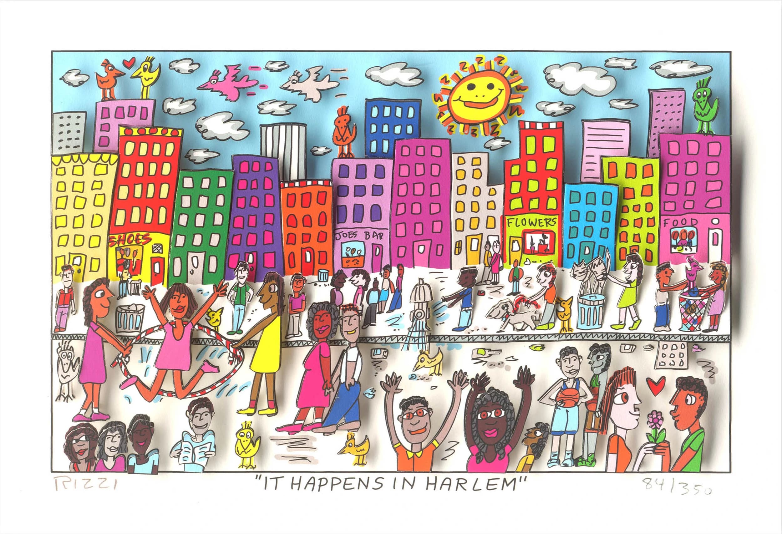 Bunte Straßenszene mit Menschen, Häusern, Sonne und Wolken; unten steht „IT HAPPENS IN HARLEM“.