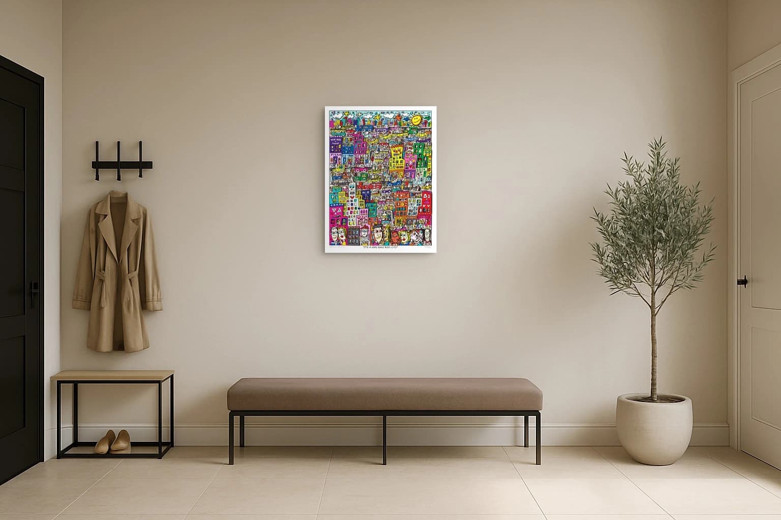 Bunte Stadt mit vielen Gesichtern, Taxis und Läden unter Sonne, Wolken und Wolkenkratzern, als Kunstwerk an der Wand eines hellen Flurs.