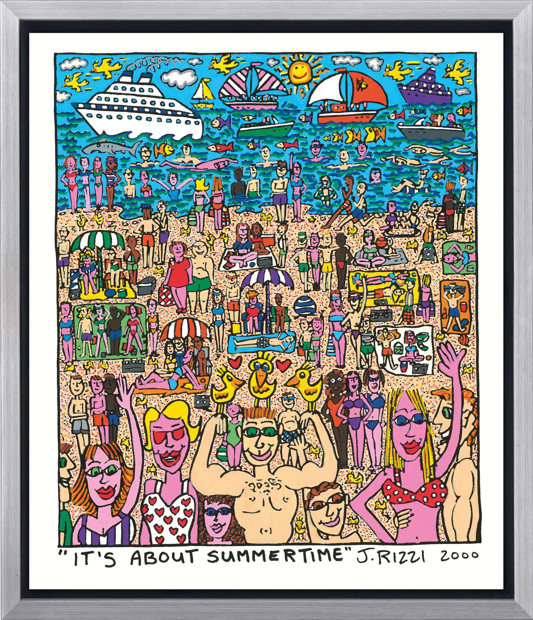 Gerahmtes Strandbild mit vielen Badenden, Booten und Sonnenschirmen, unten der Schriftzug „It’s About Summertime“.