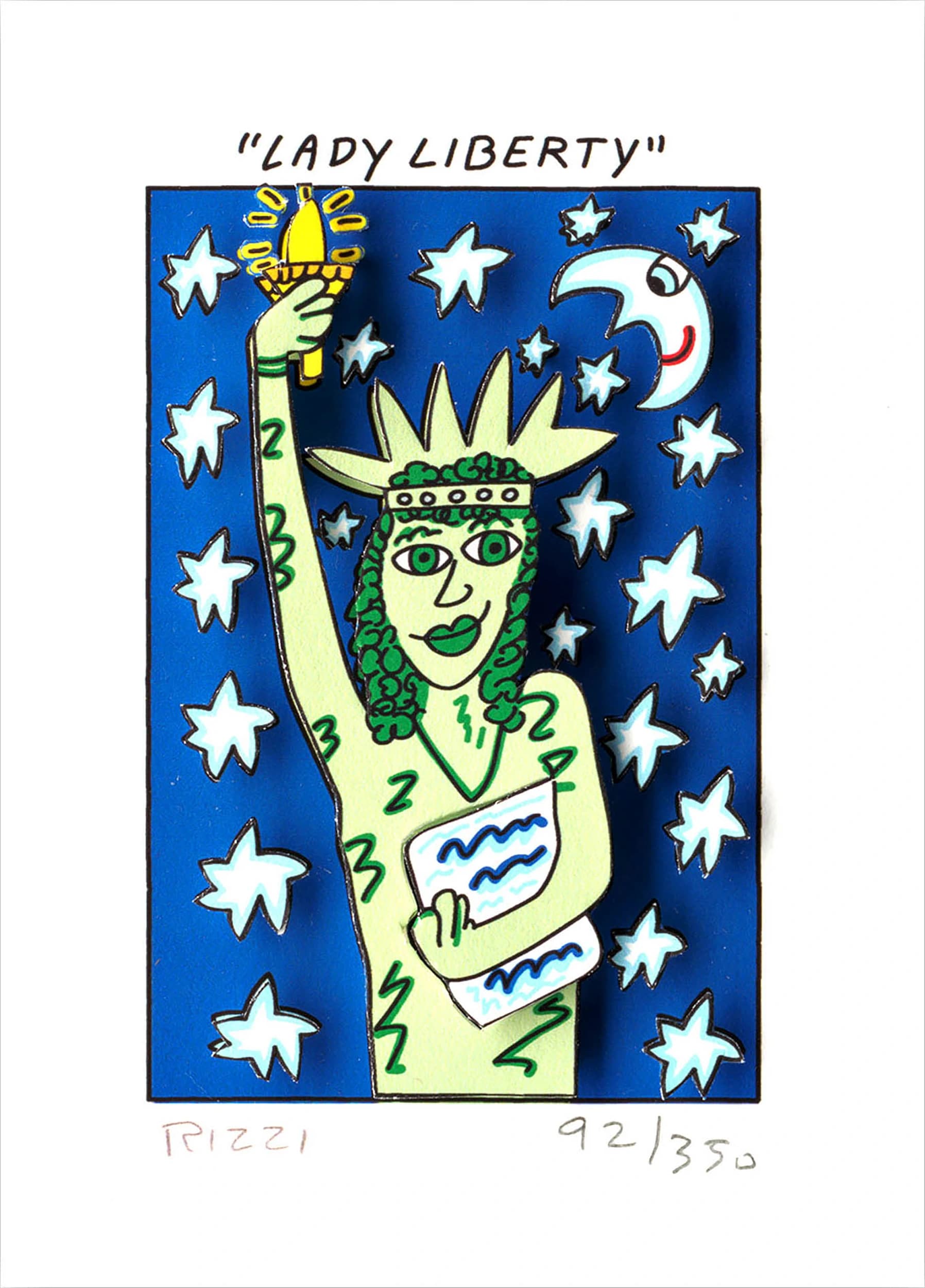 Lady Liberty mit Fackel vor blauem Sternenhimmel, oben steht "LADY LIBERTY".