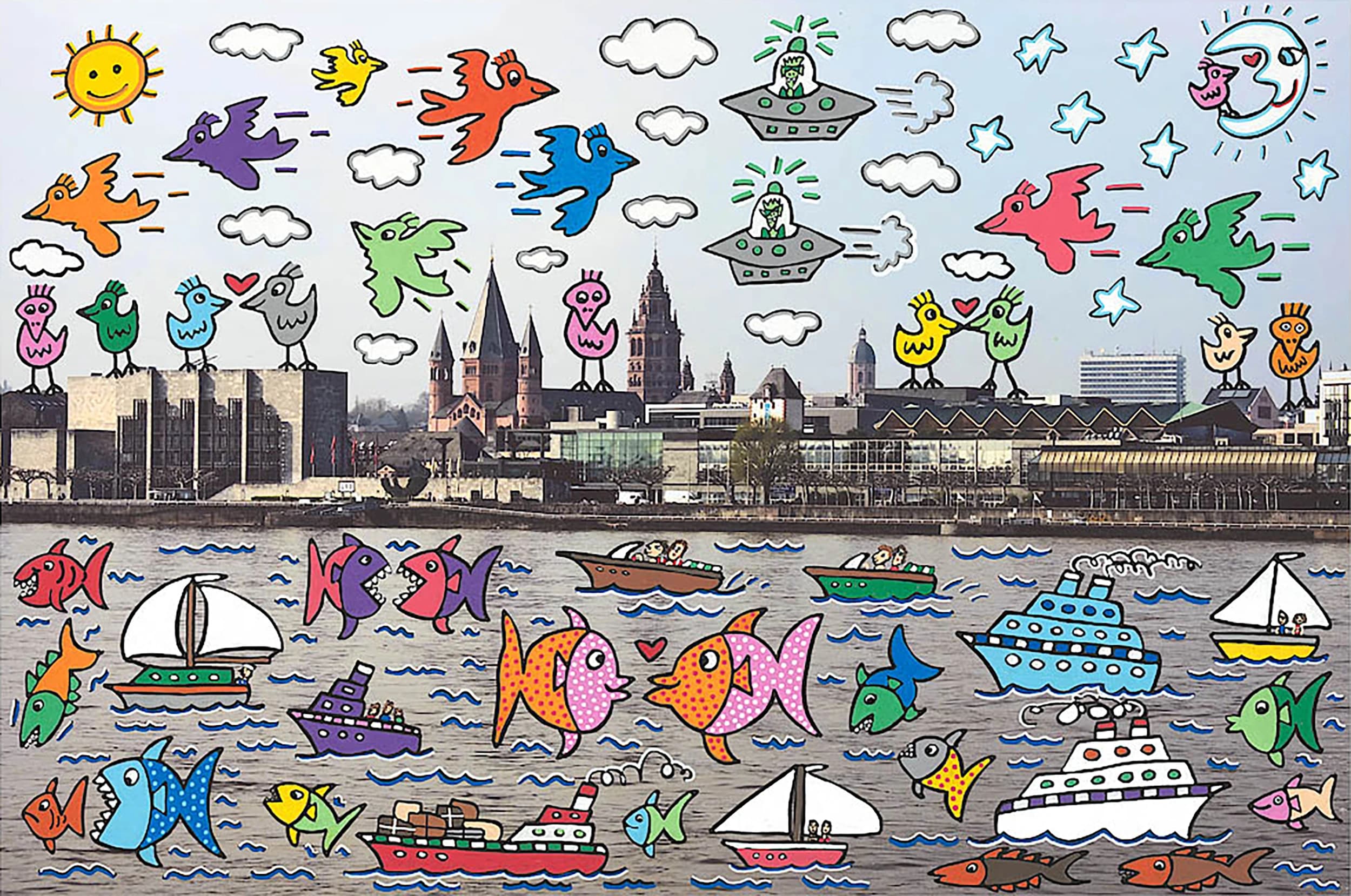 Bunte Cartoon-Vögel und Fische über einer Stadt am Fluss mit Booten, Wolken und Sonne.