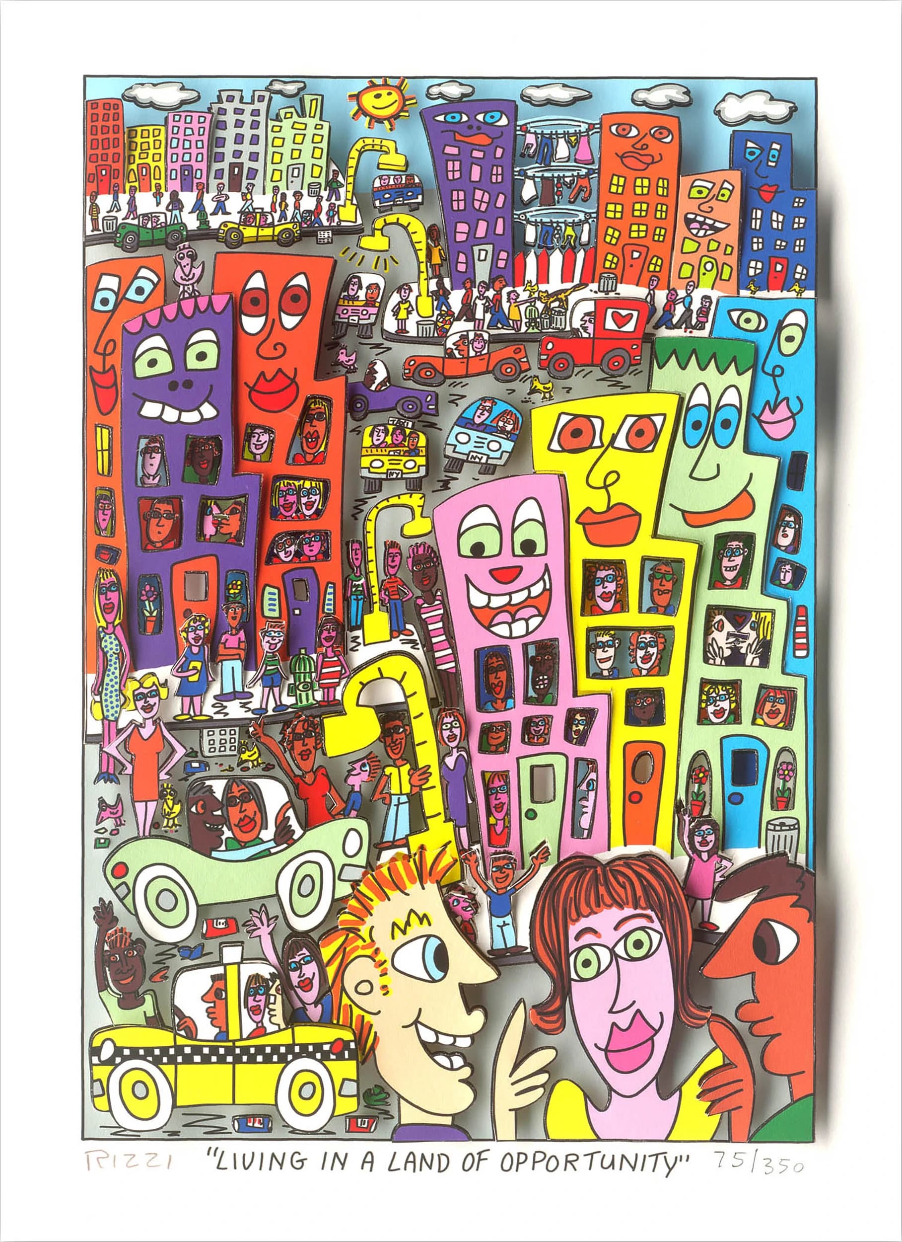 Bunte Gesichter-Häuser, Autos und viele Figuren in einer belebten Stadt unter blauem Himmel.