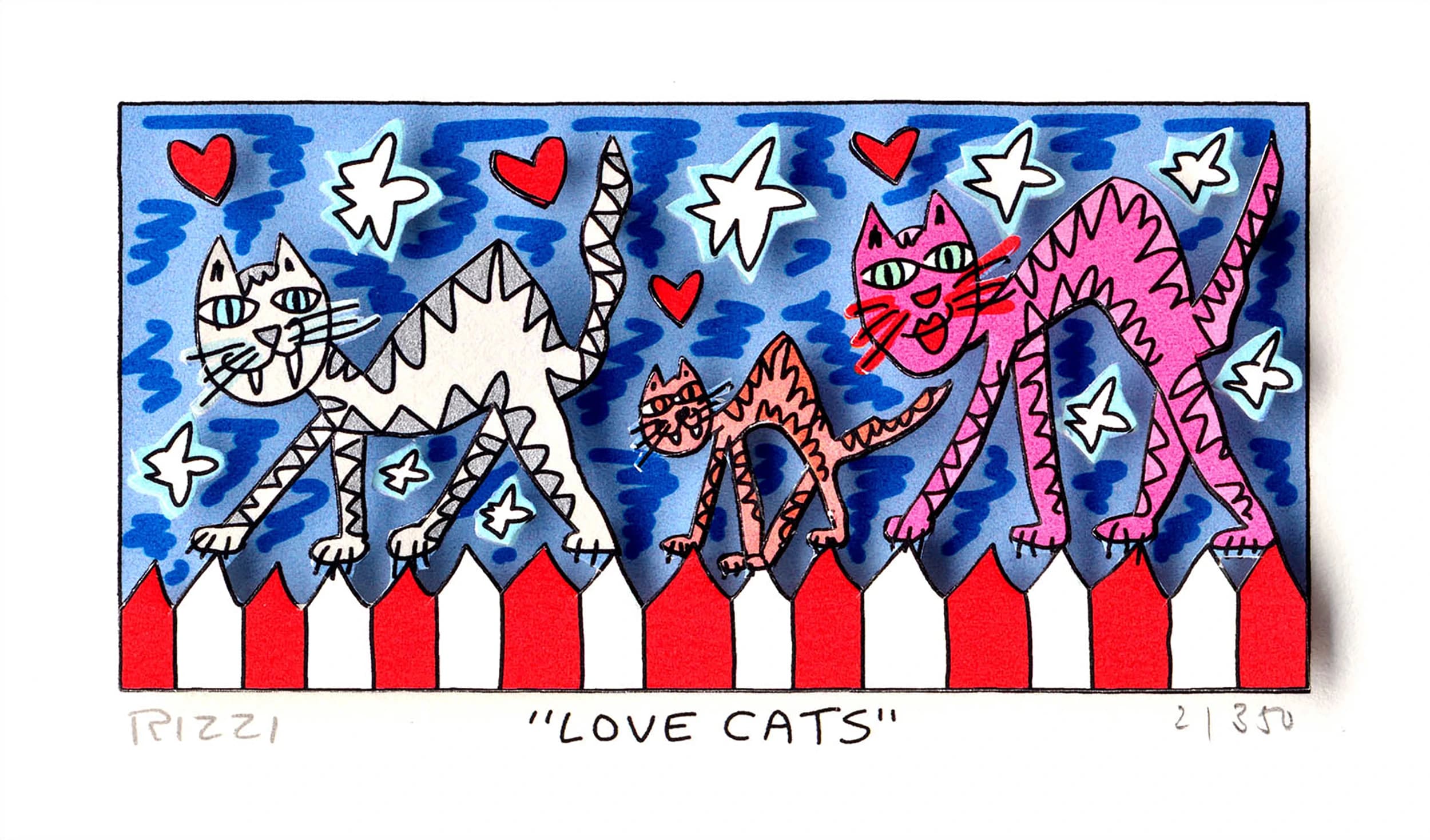 Drei Katzen vor blauem Hintergrund mit Herzen, Sternen und rotem-weißem Zickzackrand.