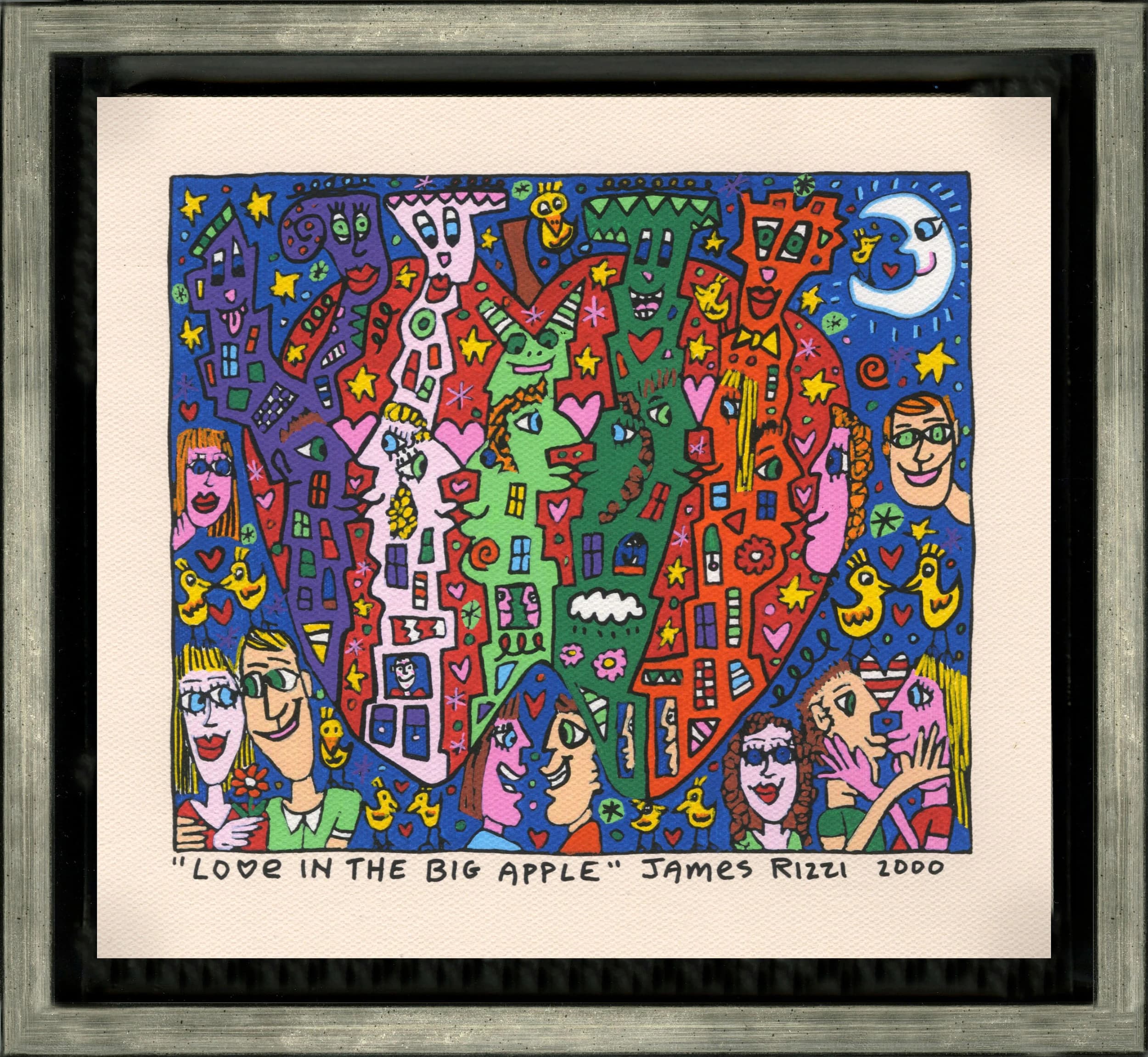 Gerahmtes Bild mit buntem Figurenmuster, Herzen, Sternen und Mond auf blauem Grund, darunter Schriftzug.