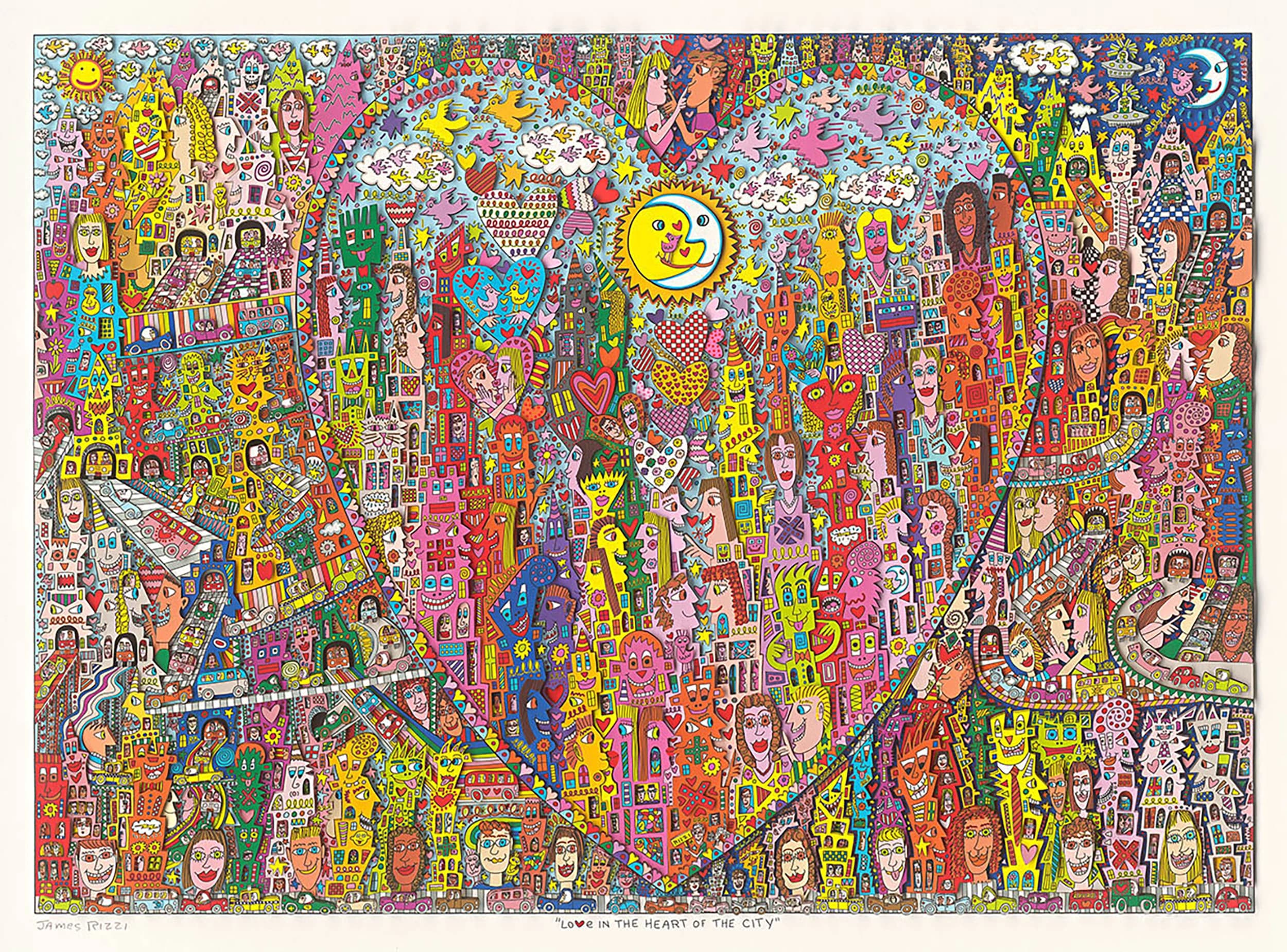 Buntes Stadtbild mit großem Herz, Sonne, Mond, vielen Gesichtern, Häusern und Figuren.