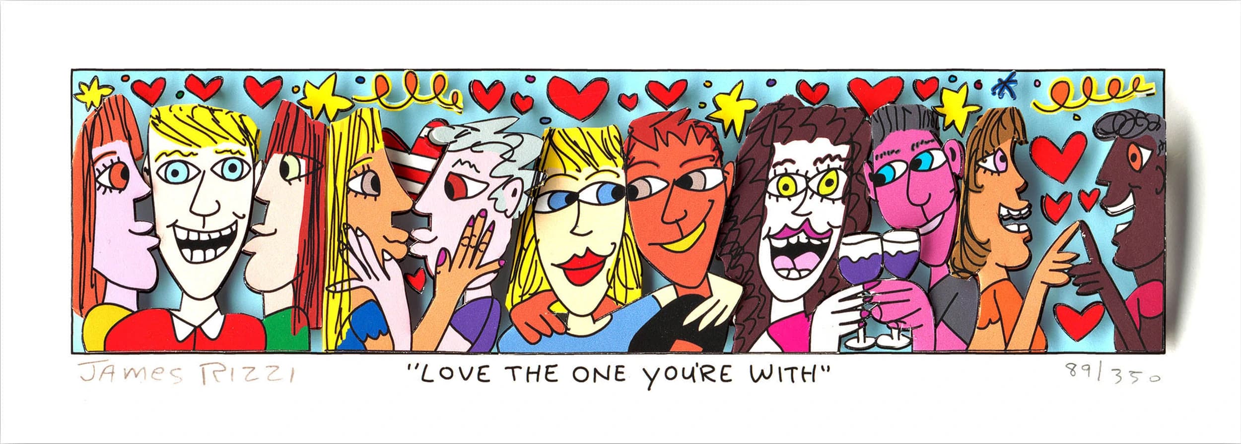 Bunte Comicfiguren mit Herzen und Sternen, unten der Schriftzug "LOVE THE ONE YOU'RE WITH" und Signatur.