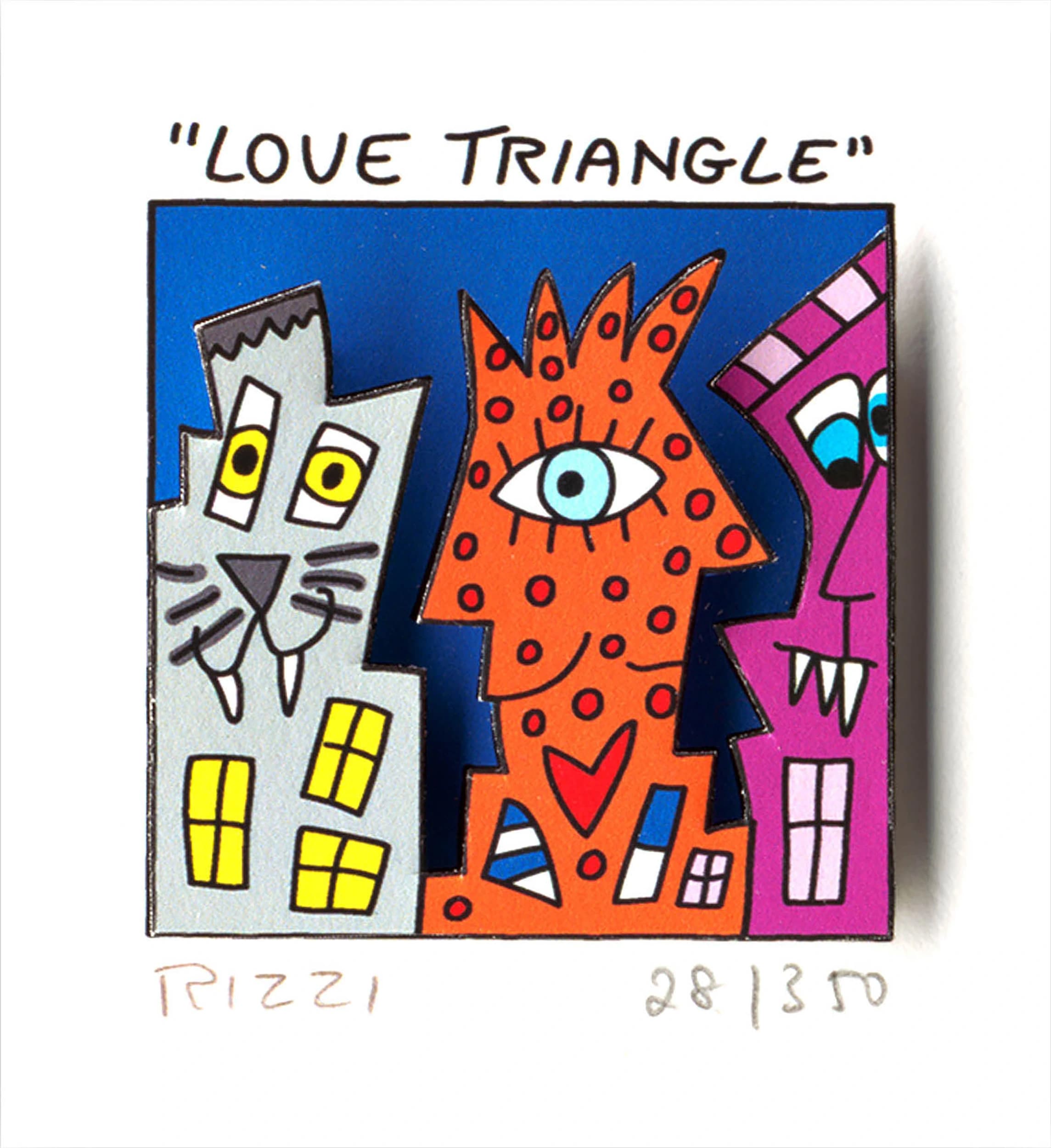 Drei farbige Hausfiguren unter dem Titel Love Triangle auf weißem Hintergrund mit Signatur unten.