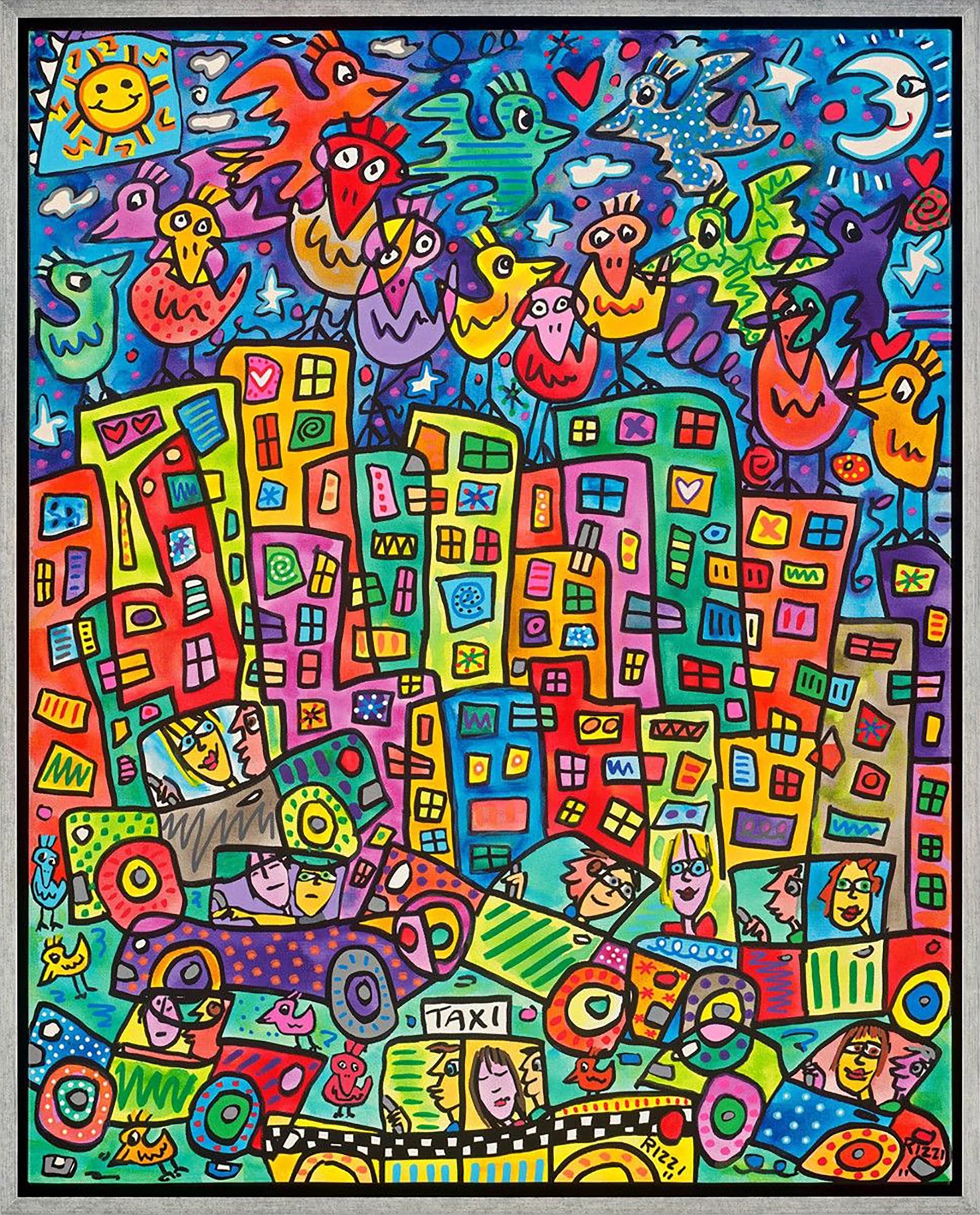 Bunte Vögel fliegen über eine Stadt mit Häusern, Autos und Taxis unter blauem Himmel mit Sonne und Mond.