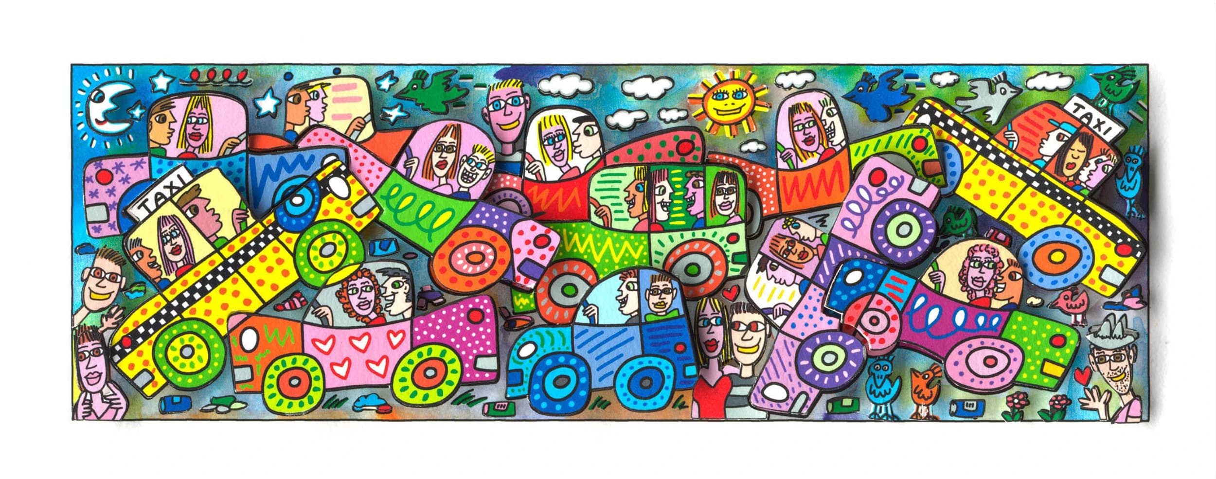 Bunte Collage aus Taxen mit vielen Gesichtern, Vögeln, Sonne und Mond vor blauem Himmel.
