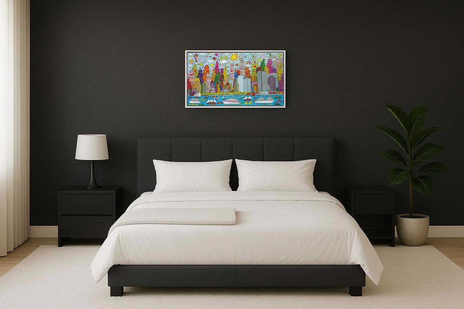 Bunte Stadt mit Gesichtern, Wolken, Flugzeugen und Hafen, als Kunstwerk an der Wand eines hellen Schlafzimmers.