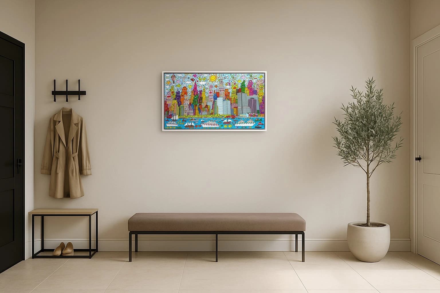 Bunte Stadt mit Gesichtern, Wolken, Flugzeugen und Hafen mit Schiffen, als Kunstwerk an der Wand eines hellen Raums.