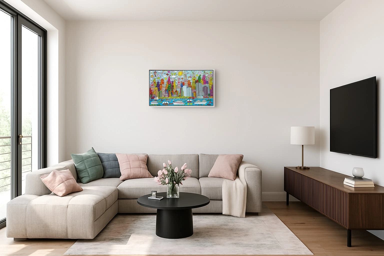 Bunte Stadt mit Gesichtern, Wolken, Flugzeugen und Hafen mit Schiffen, als Kunstwerk an der Wand eines hellen Wohnzimmers.