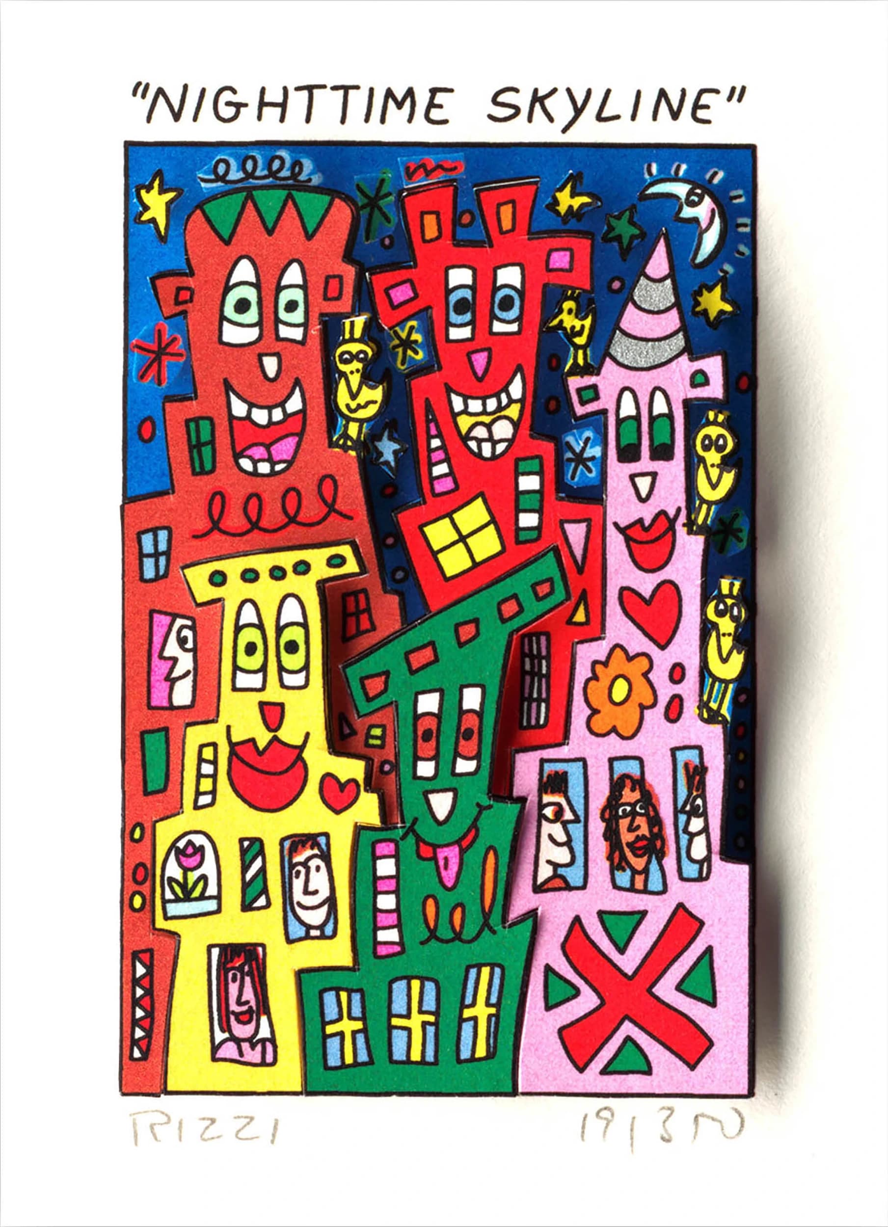 Bunte Häuser mit Gesichtern und Sternen vor blauem Nachthimmel, darüber der Schriftzug "Nighttime Skyline".