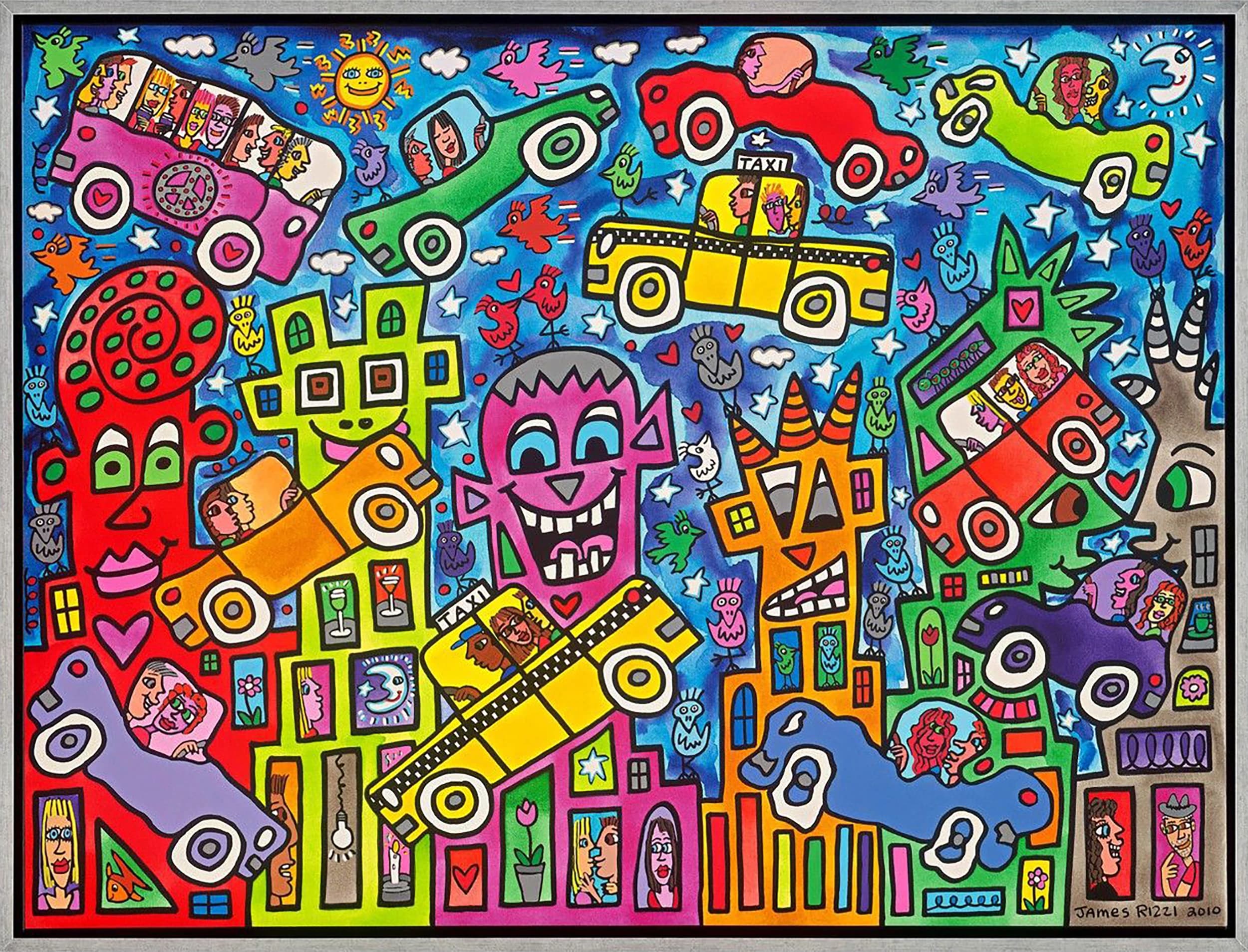 Bunte Cartoon-Gesichter, Häuser und Autos mit vielen kleinen Figuren vor blauem Himmel.