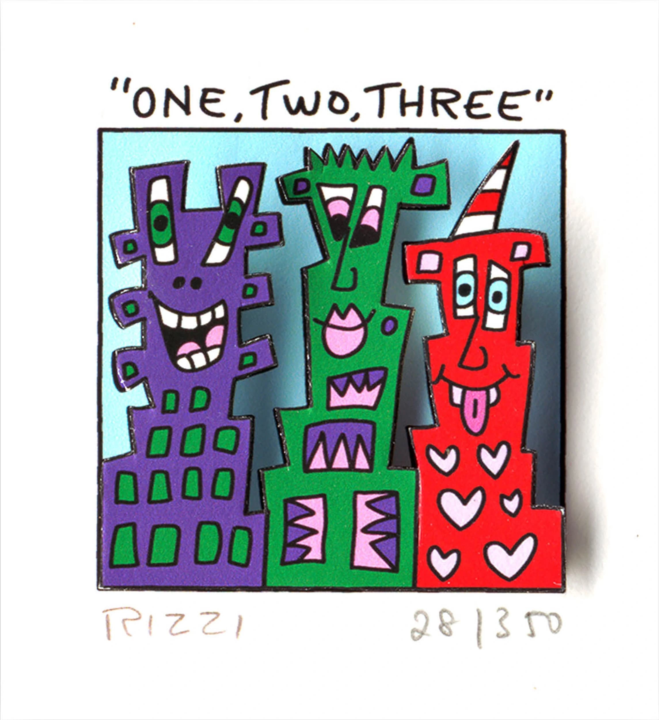 Drei bunte Figuren stehen in einem rechteckigen Bild mit der Aufschrift „ONE, TWO, THREE“.