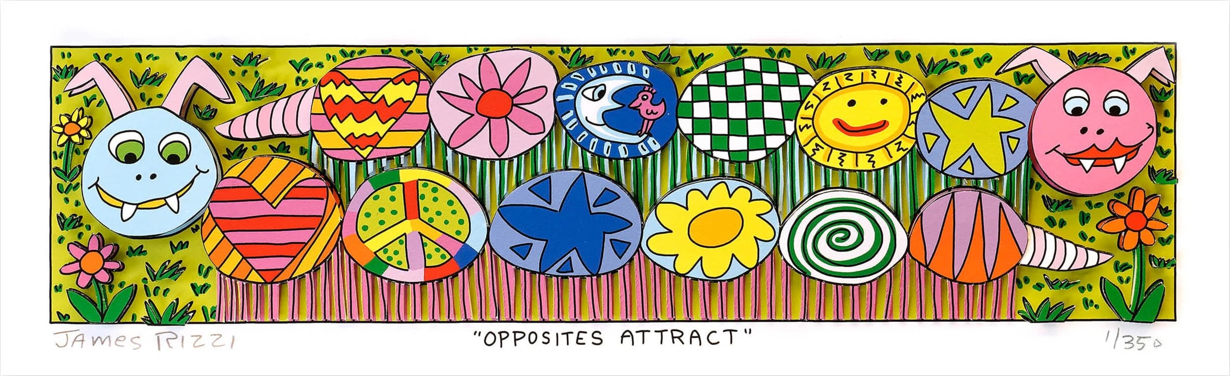 Bunte Tiergesichter und Musterkreise auf gelbem Hintergrund mit Blumen und Gras, signiert James Rizzi.