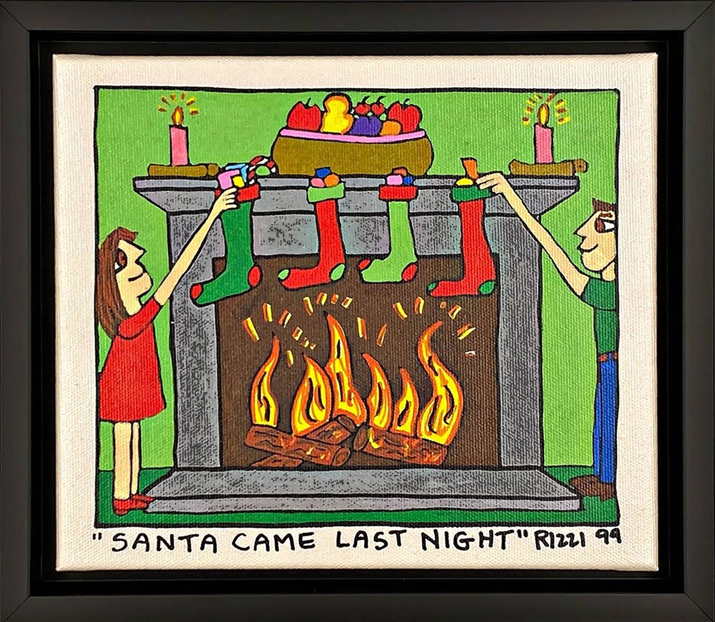 Gerahmtes Bild mit zwei Kindern am Kamin, Socken, Kerzen, Geschenken und Feuer; unten steht Santa Came Last Night.