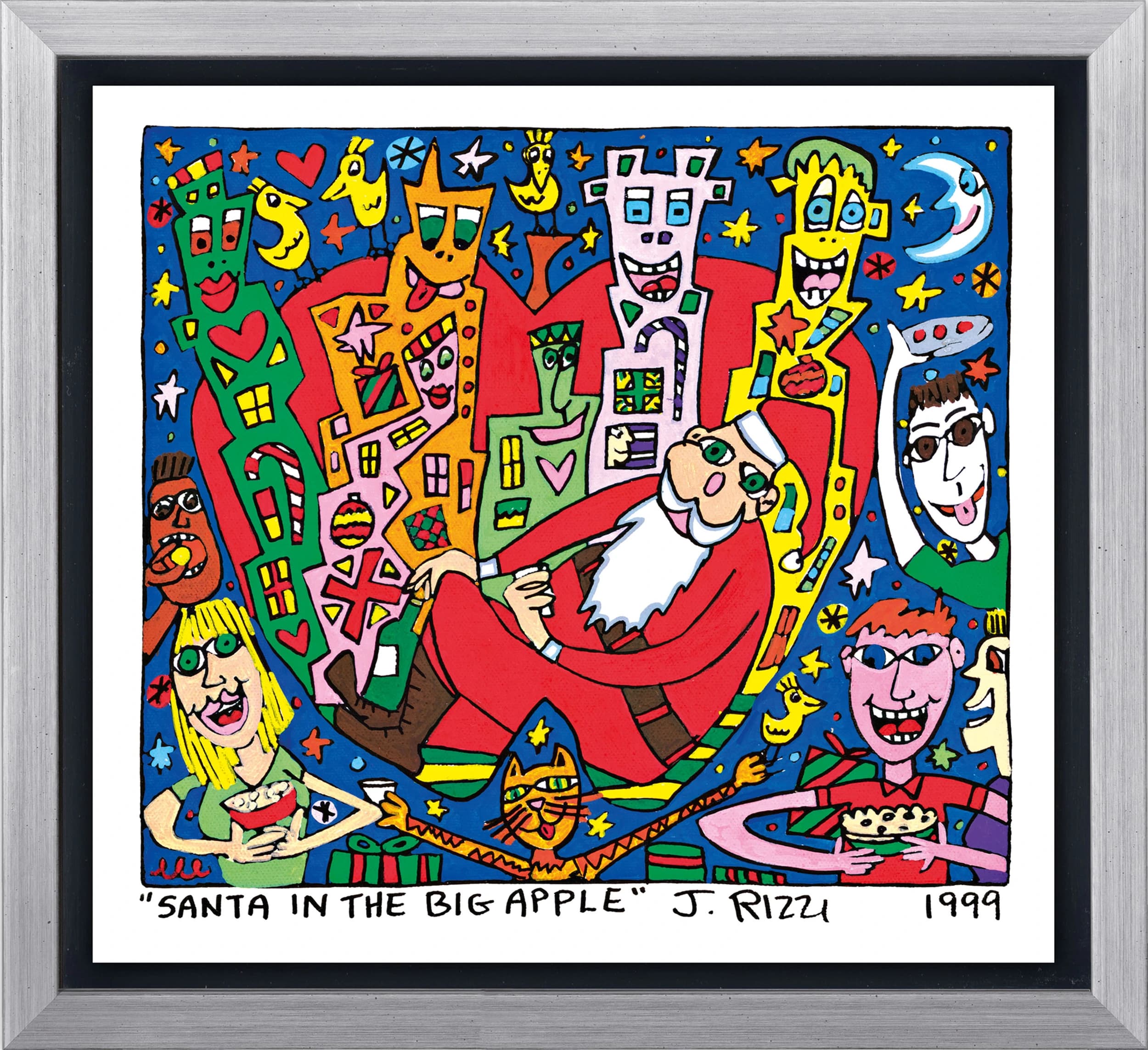 Gerahmtes Bild mit Santa im roten Anzug, bunten Gesichtern und Figuren vor blauem Himmel.