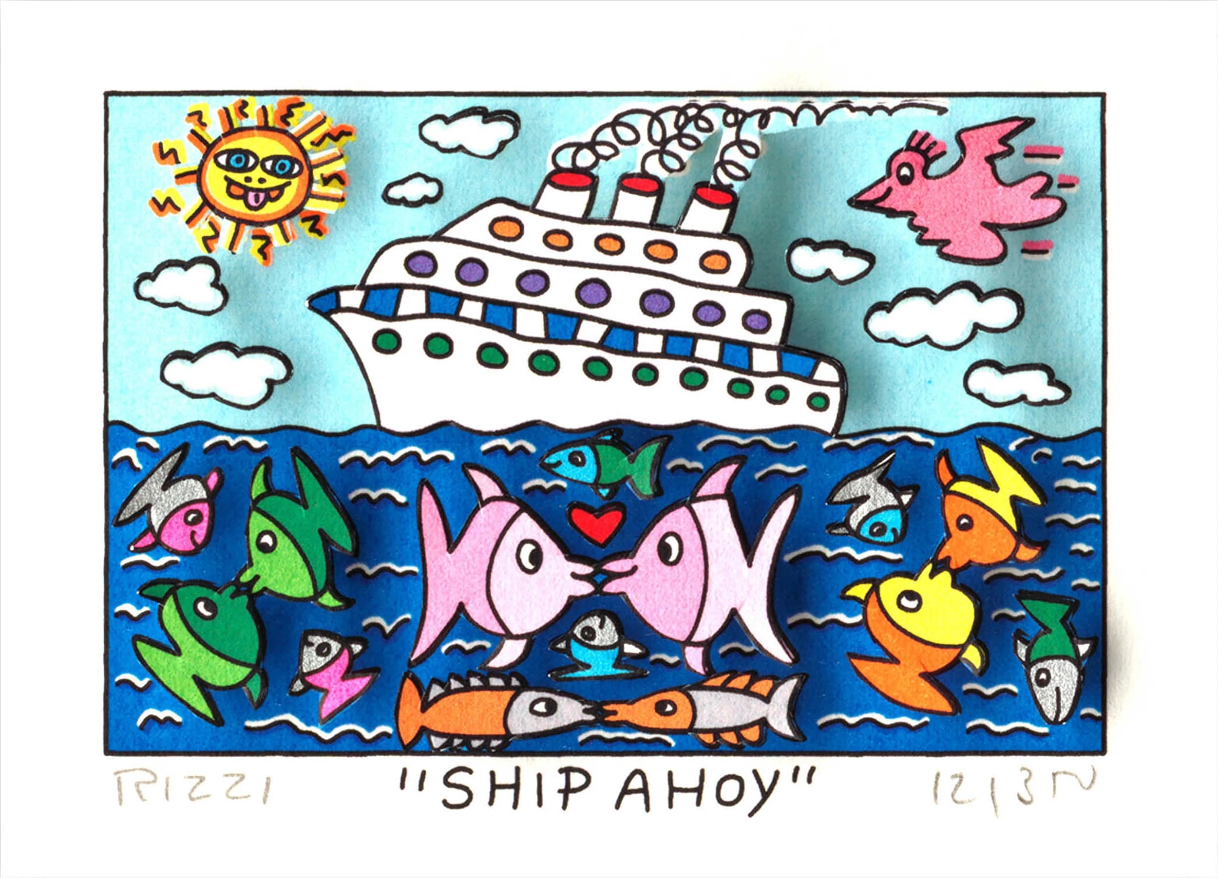 Großes Schiff auf blauem Meer mit Fischfiguren, Sonne, Wolken und pinkem Vogel, darunter steht „SHIP AHOY“.