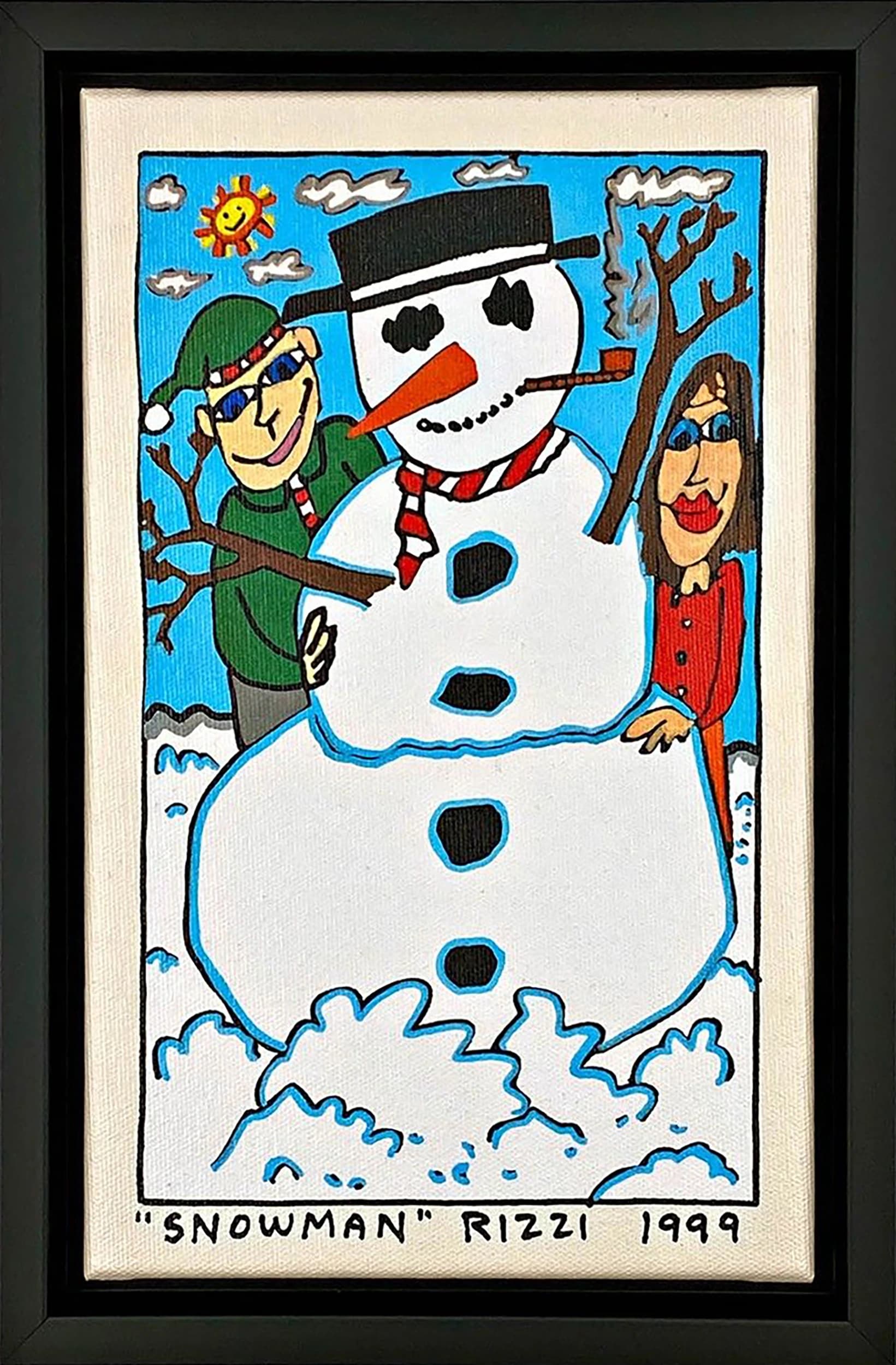 Gerahmtes Bild mit Schneemann, zwei Personen, Sonne und Bäumen vor blauem Himmel; unten steht Snowman Rizzi 1999.