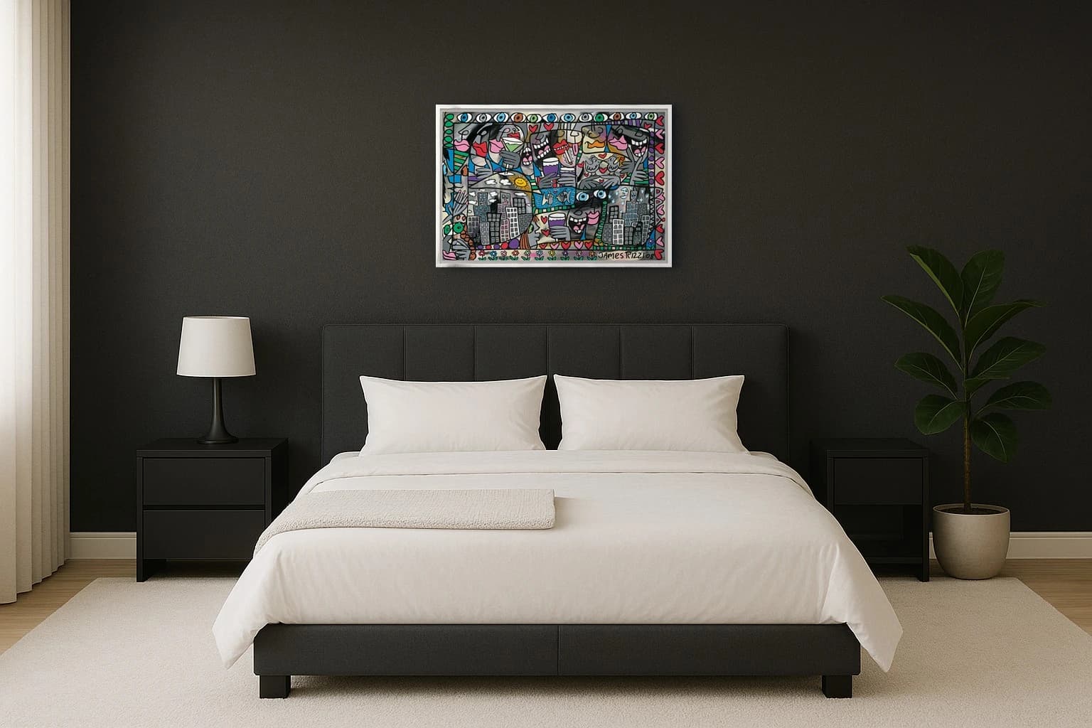 Buntes Bild mit Köpfen, Herzen, Vögeln, Städten und Händen, als Kunstwerk an der Wand eines Schlafzimmers.