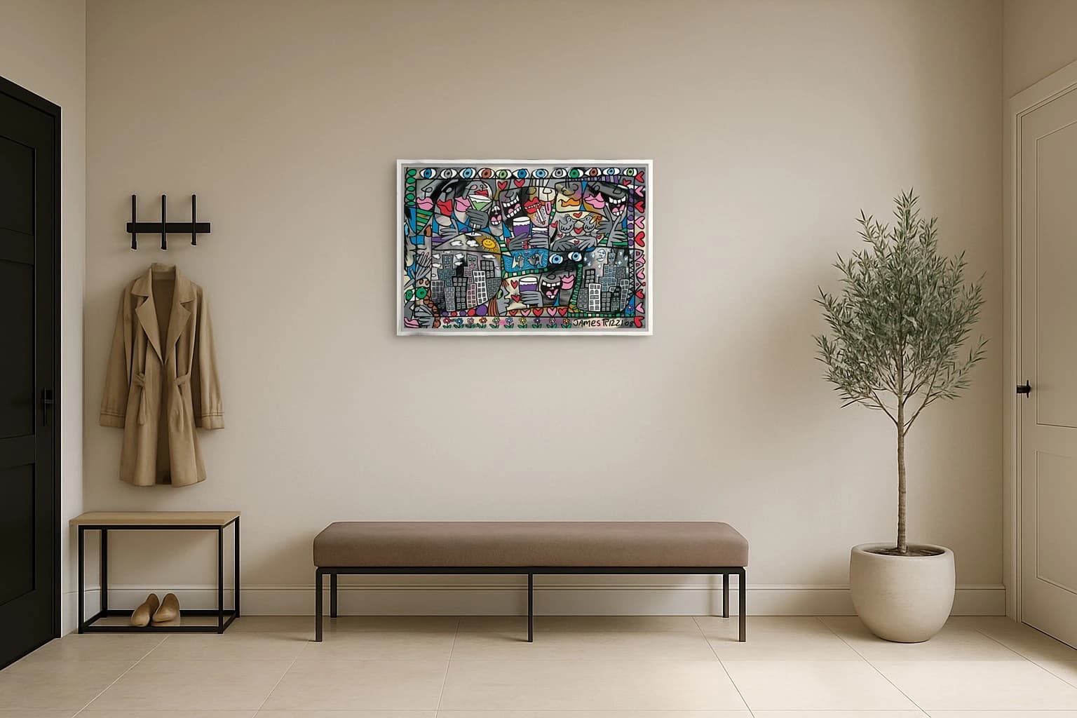 Buntes Bild mit Köpfen, Herzen, Vögeln, Städten und Händen, als Kunstwerk an der Wand eines hellen Raums.
