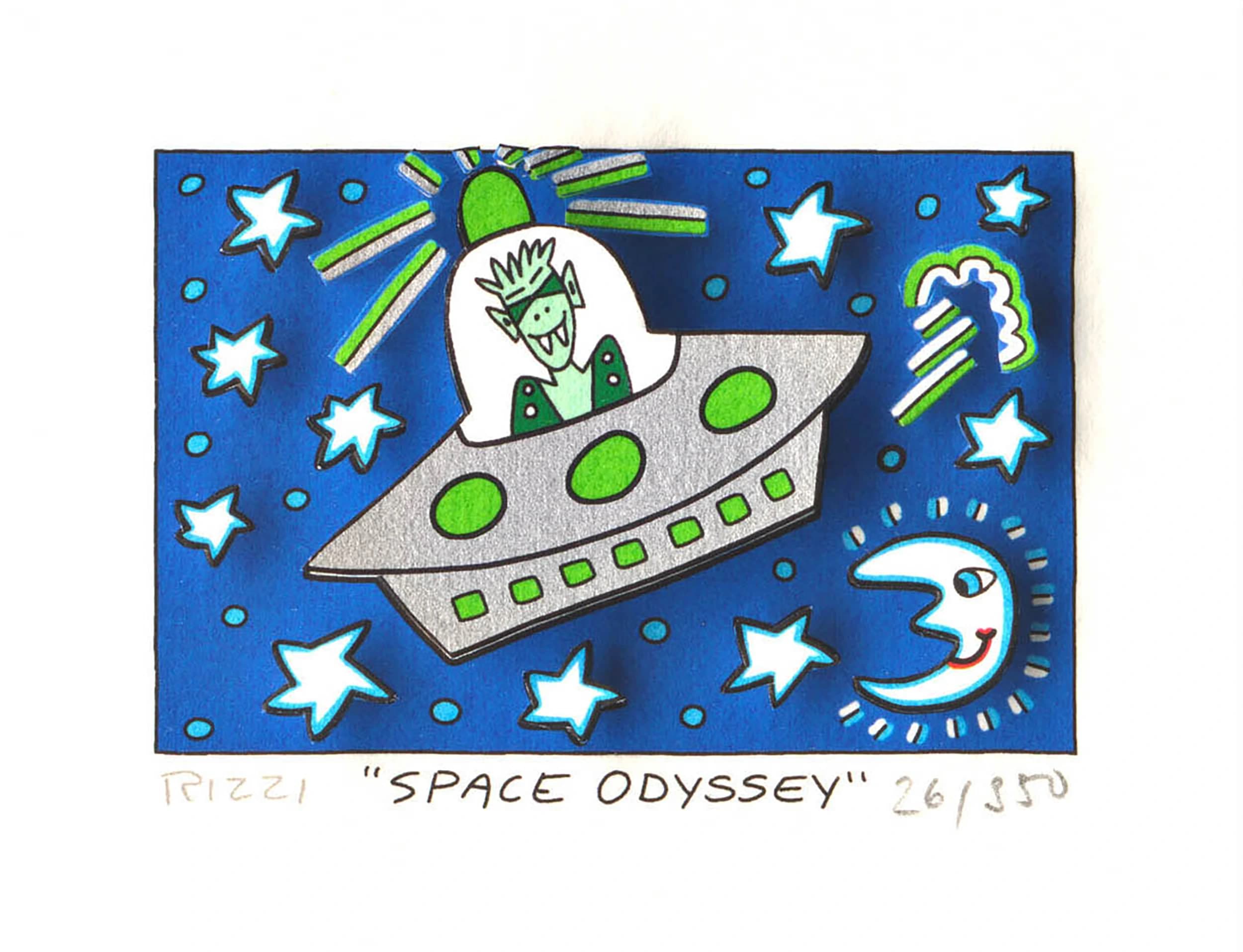 Buntes Raumfahrtbild mit Alien im Ufo vor blauem Sternenhimmel und dem Text „SPACE ODYSSEY“.