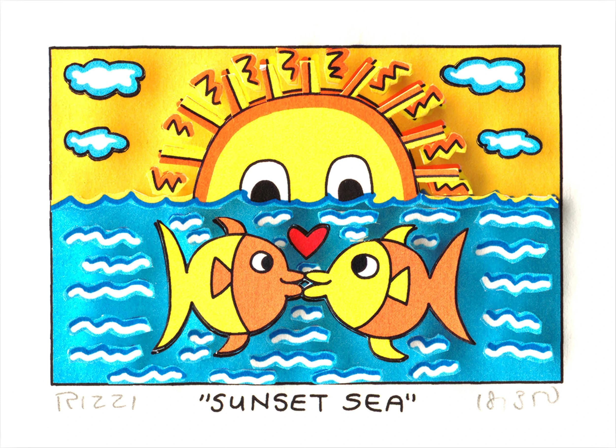 Cartoonsonne steigt über blauem Meer, davor zwei Fische mit rotem Herz und Wolken am Himmel.