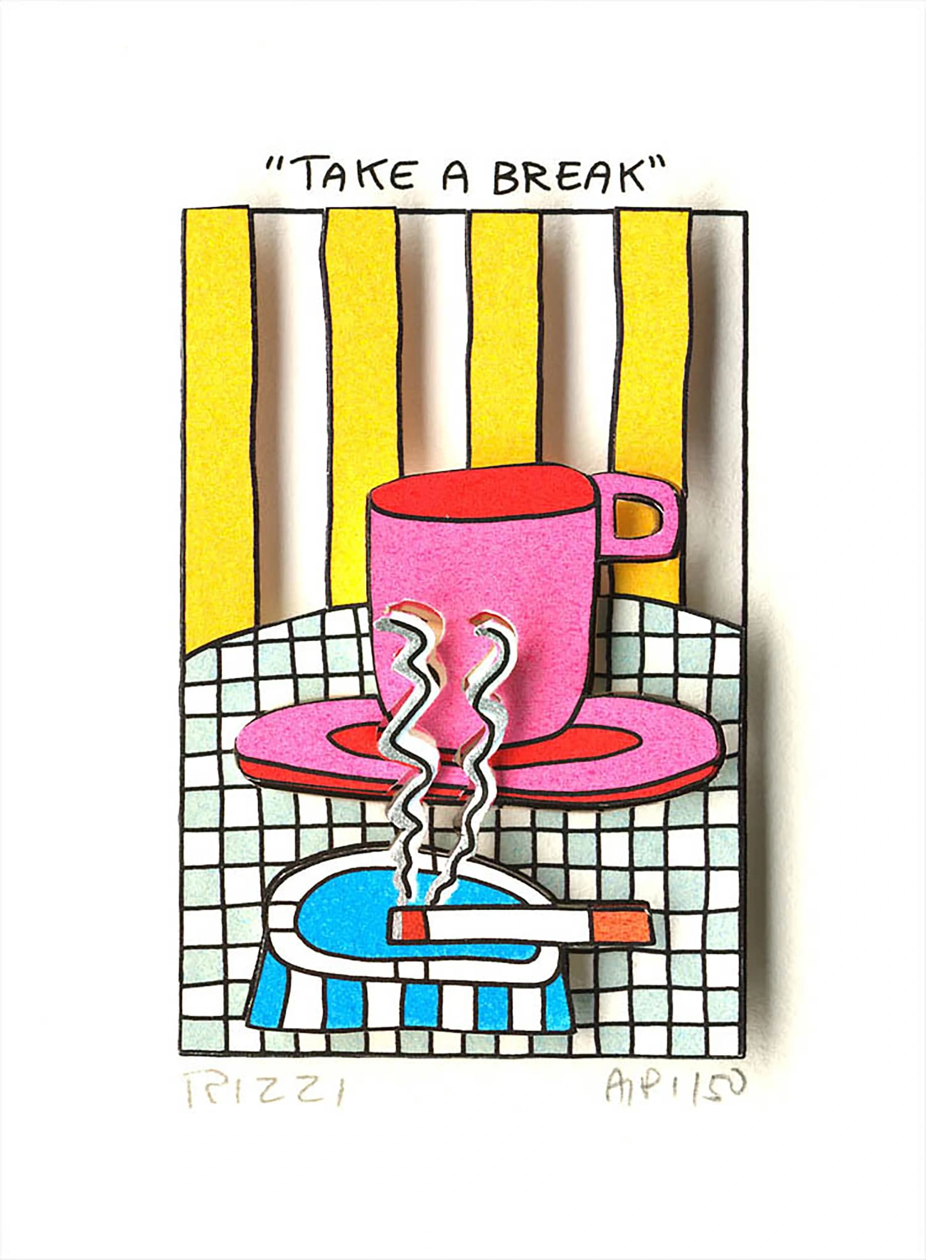 Pinke Tasse mit Untertasse, Zigarettenschachtel und Aschenbecher vor gelb-weißem Streifenhintergrund, oben Take a Break.