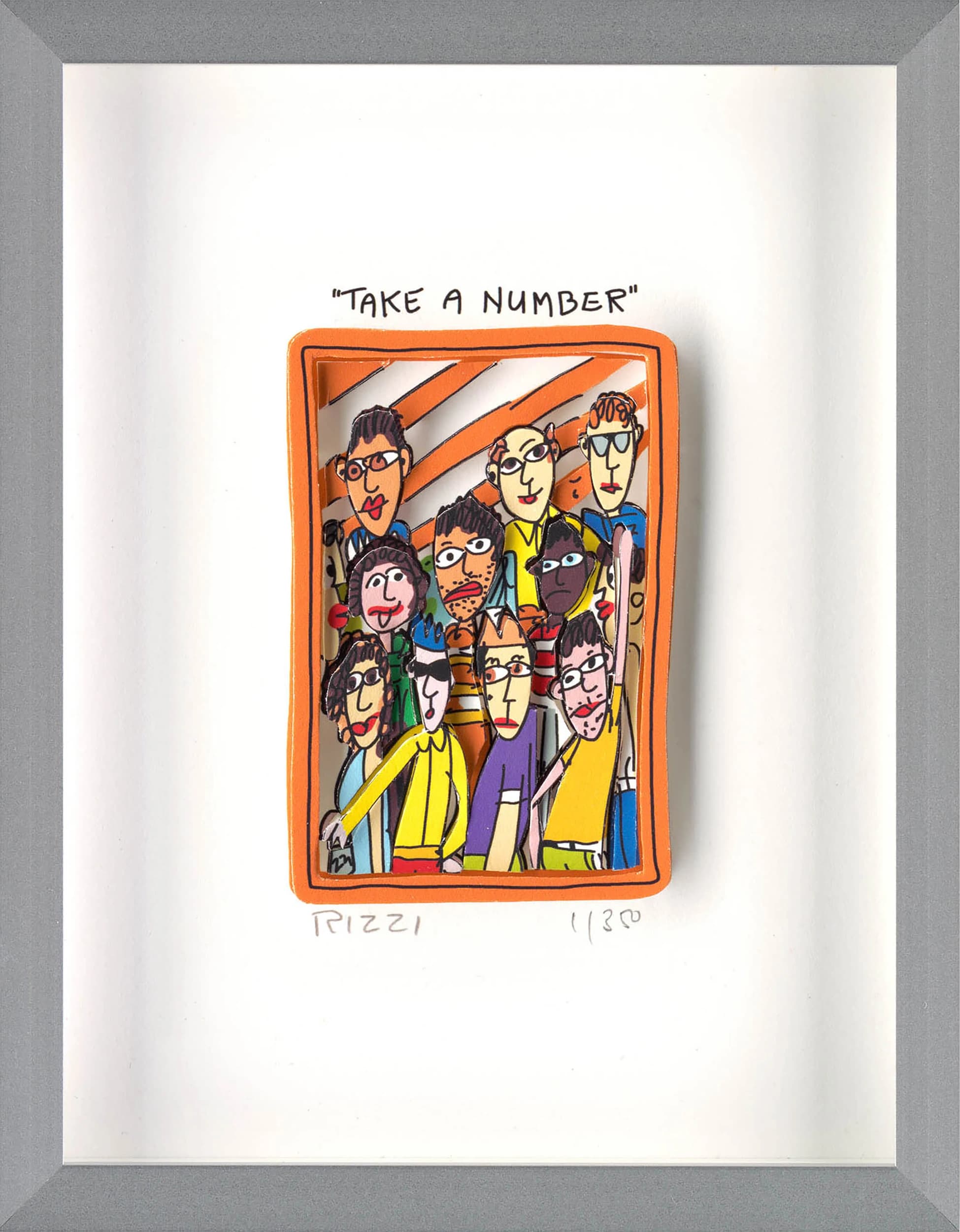 Gerahmtes Bild mit orangefarbener Illustration von neun Figuren und dem Text „TAKE A NUMBER“ oben.
