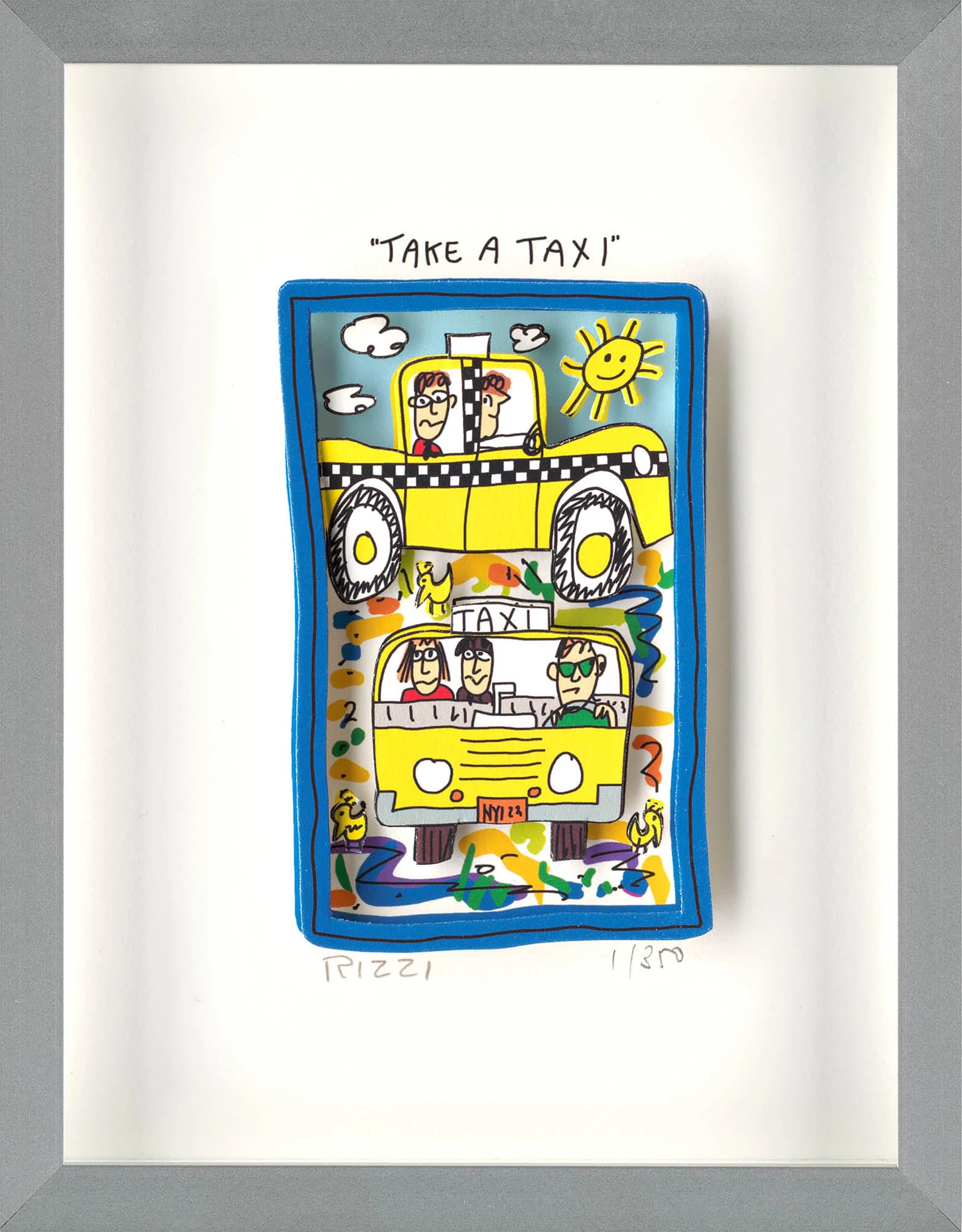 Gerahmte Zeichnung mit zwei gelben Taxis, Figuren und blauen Rand auf weißem Papier, oben "TAKE A TAXI".