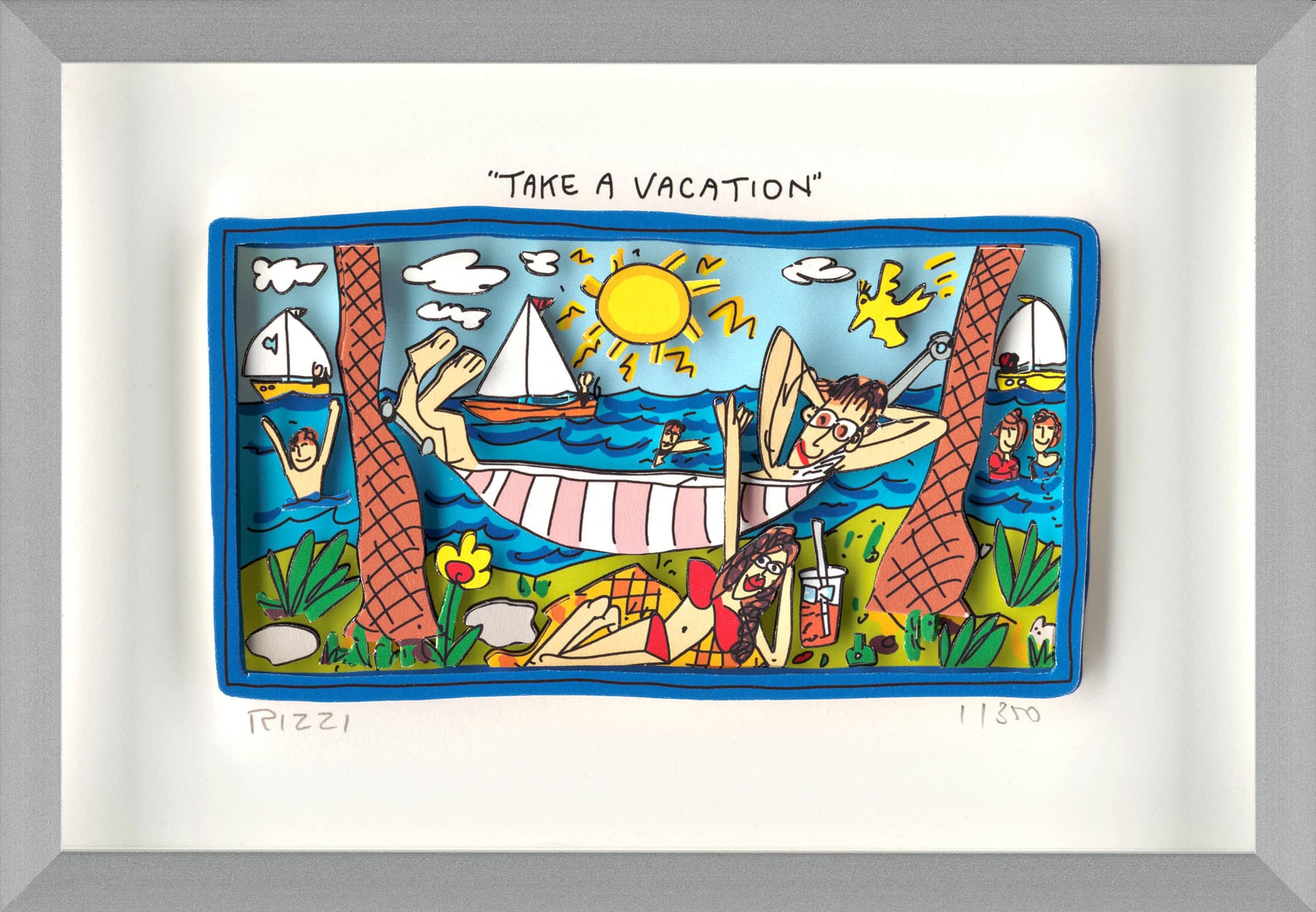 Gerahmte Zeichnung mit Strandszene, Sonnenbadenden, Segelbooten, Palmen und dem Text „TAKE A VACATION“.