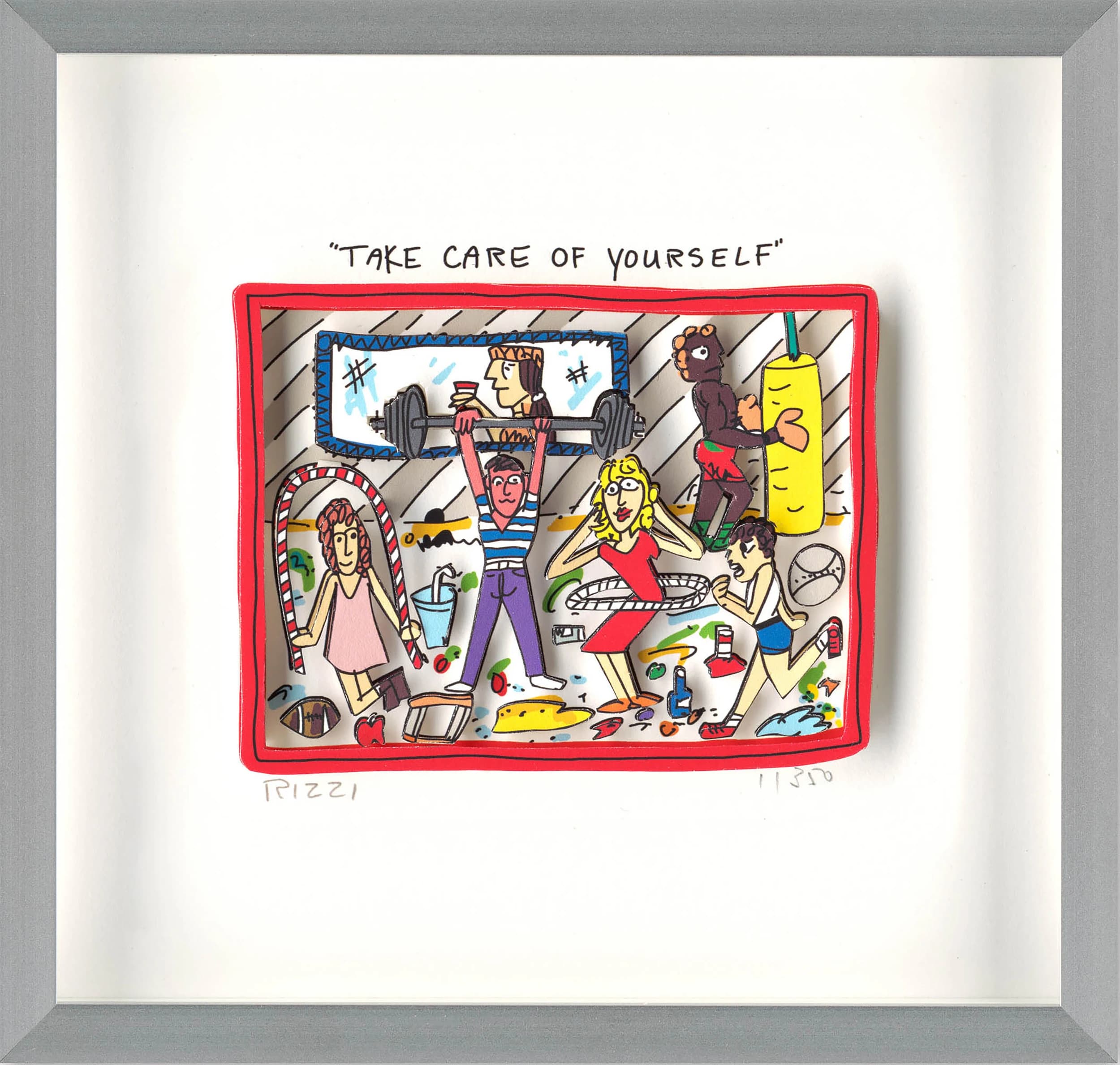 Gerahmte Zeichnung mit Fitnessszene und dem Text „Take care of yourself“ auf weißem Papier.