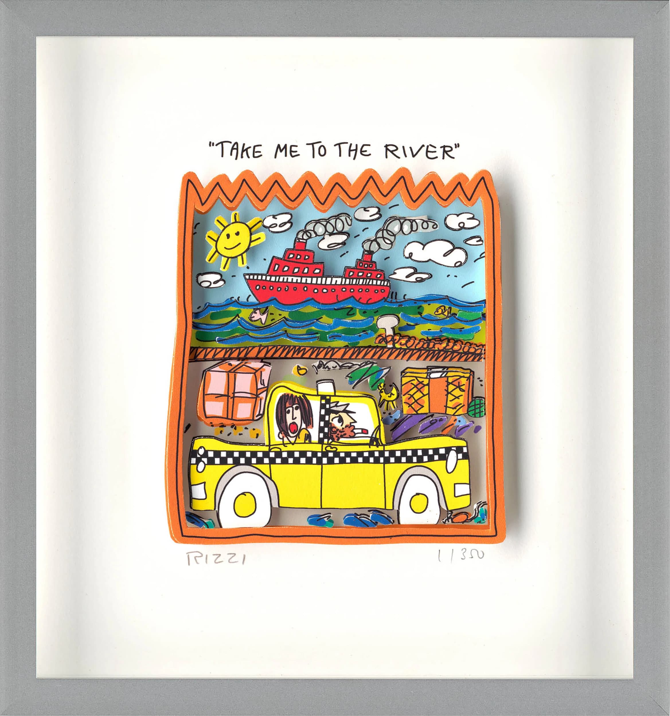 Bild mit Titel Take Me to the River: rotes Schiff, Fluss und gelber Wagen unter Wolken auf weißem Blatt.