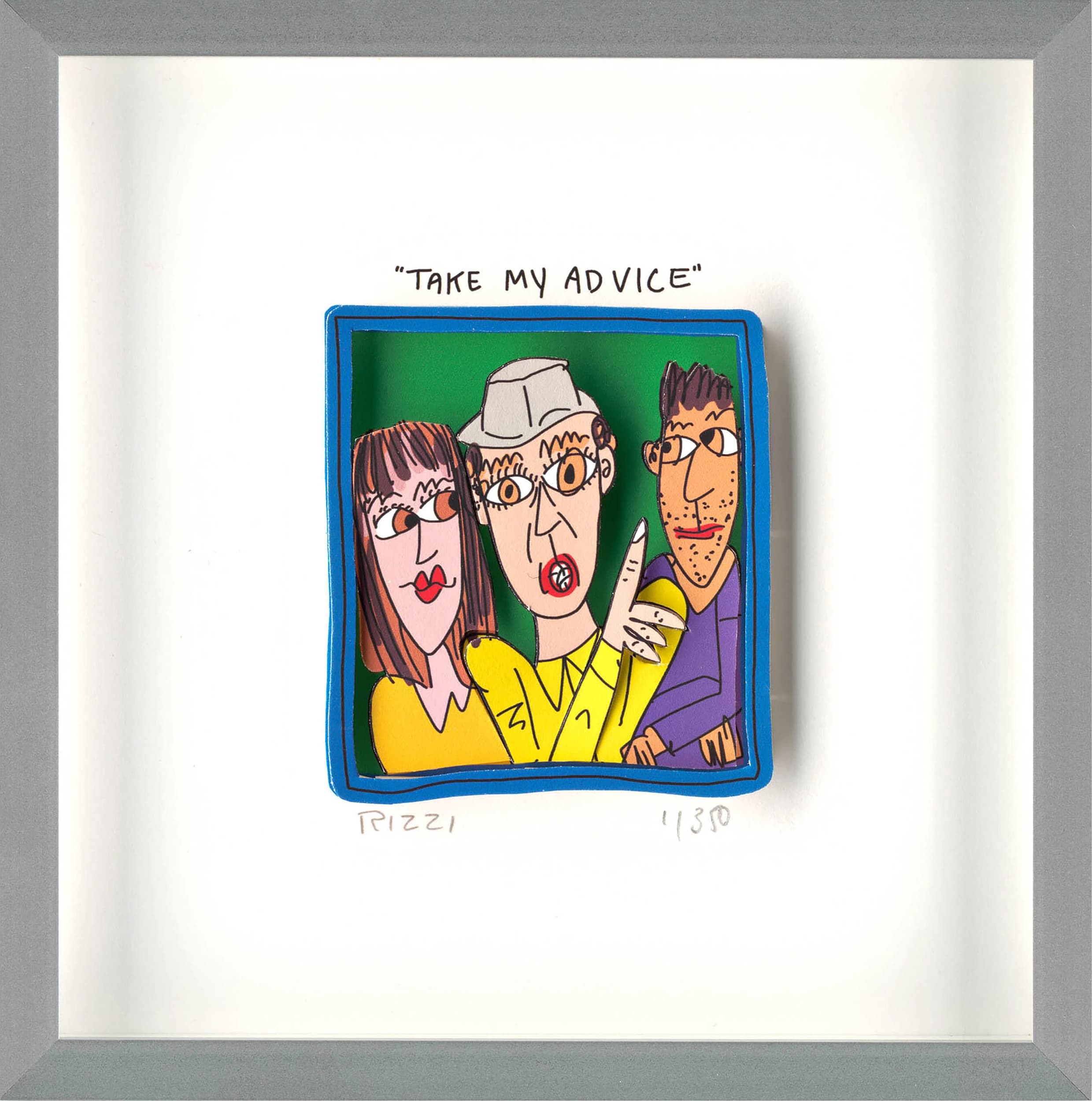 Gerahmtes Blatt mit drei gezeichneten Personen in blauem Rahmen und Text "TAKE MY ADVICE".
