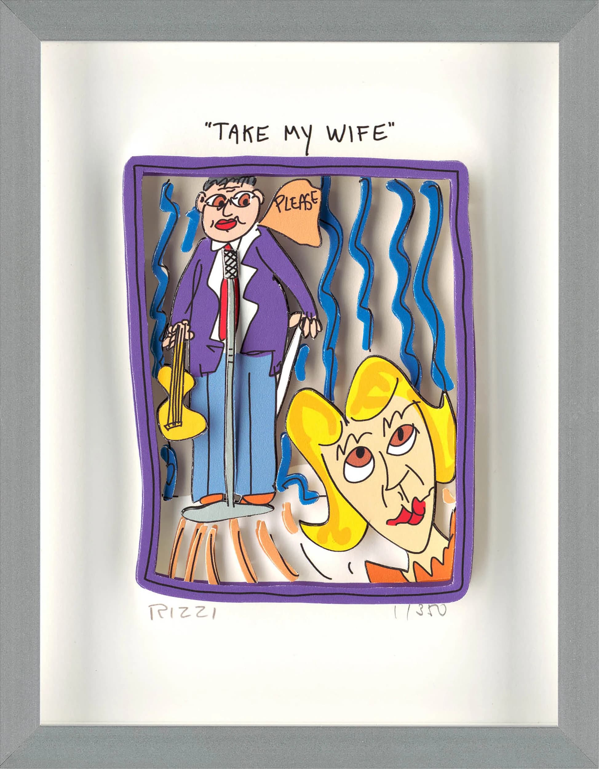Gerahmte Zeichnung mit Mann, Frau und Text „TAKE MY WIFE“ auf weißem Papier.