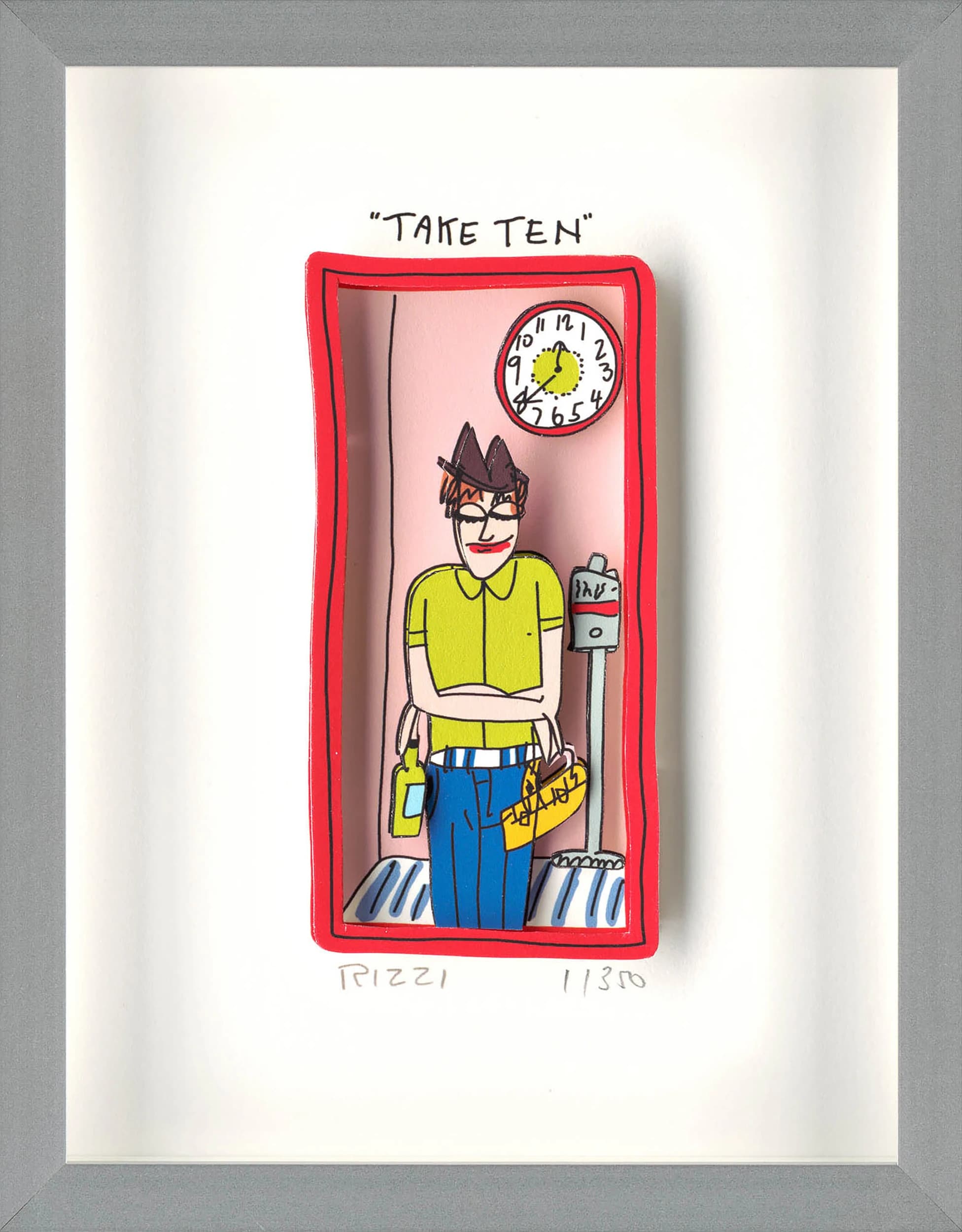 Gerahmtes Bild mit einer Figur in rotem Rahmen, Uhr, Ständer und Aufschrift „TAKE TEN“ auf weißem Papier.