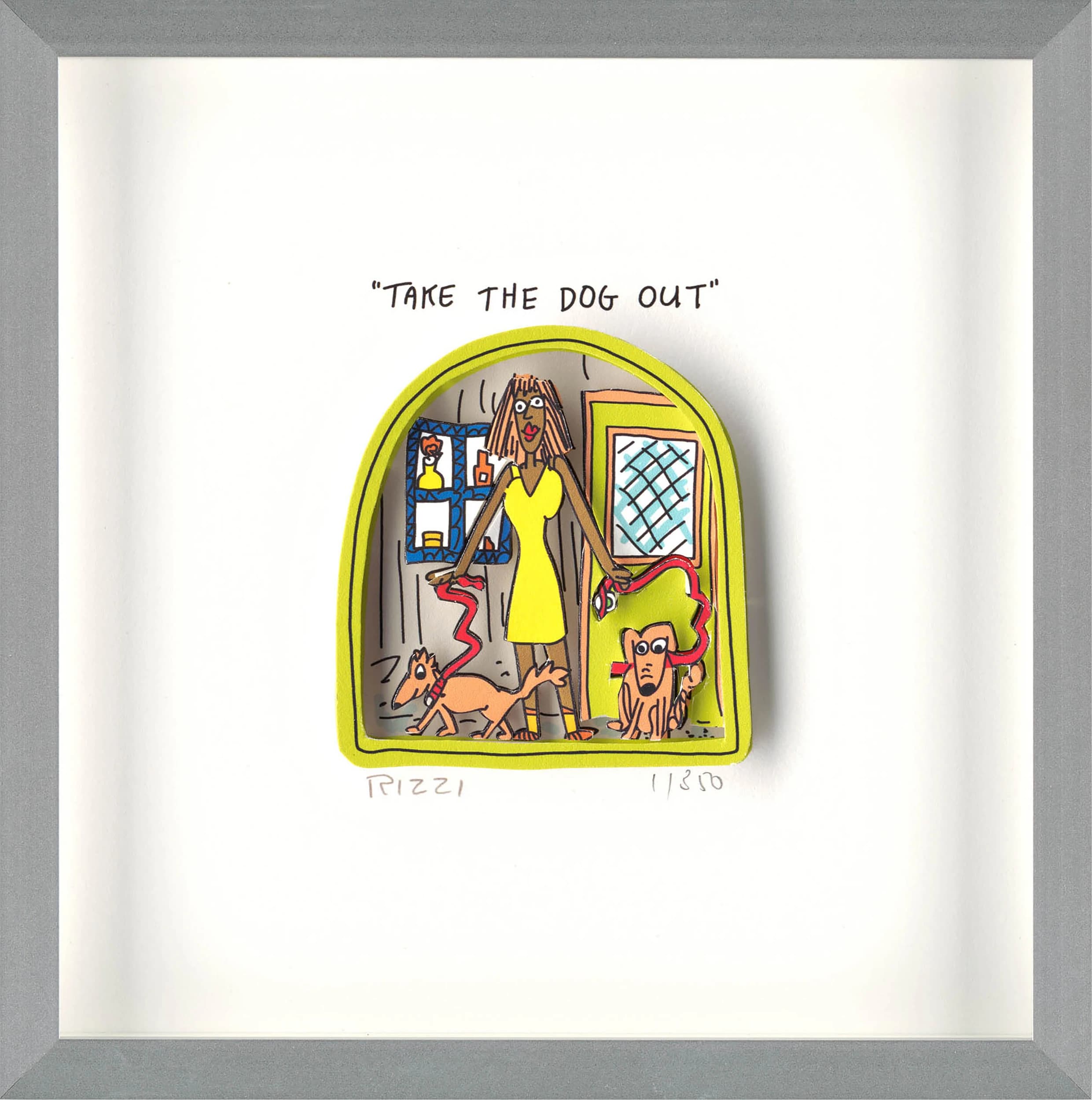 Gerahmtes Blatt mit gelber Zeichnung einer Frau und zwei Hunden, darüber der Text "TAKE THE DOG OUT".