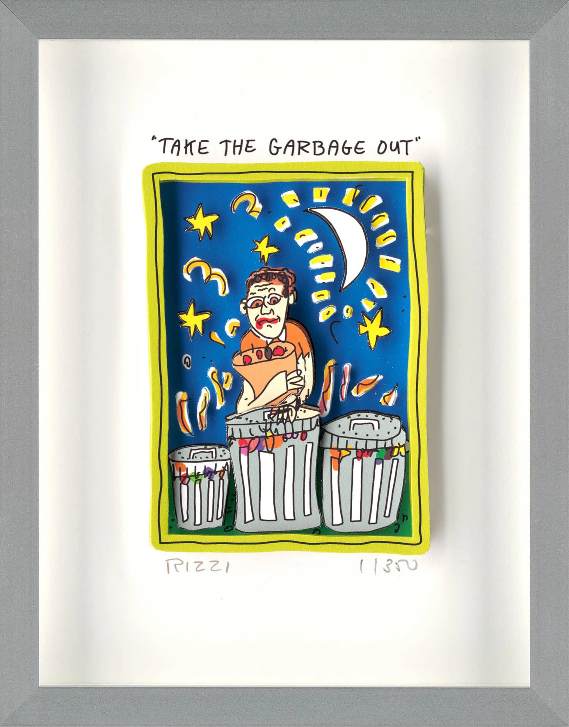 Gerahmtes Blatt mit dem Text „TAKE THE GARBAGE OUT“ und einer Figur zwischen drei Mülltonnen vor blauem Himmel.