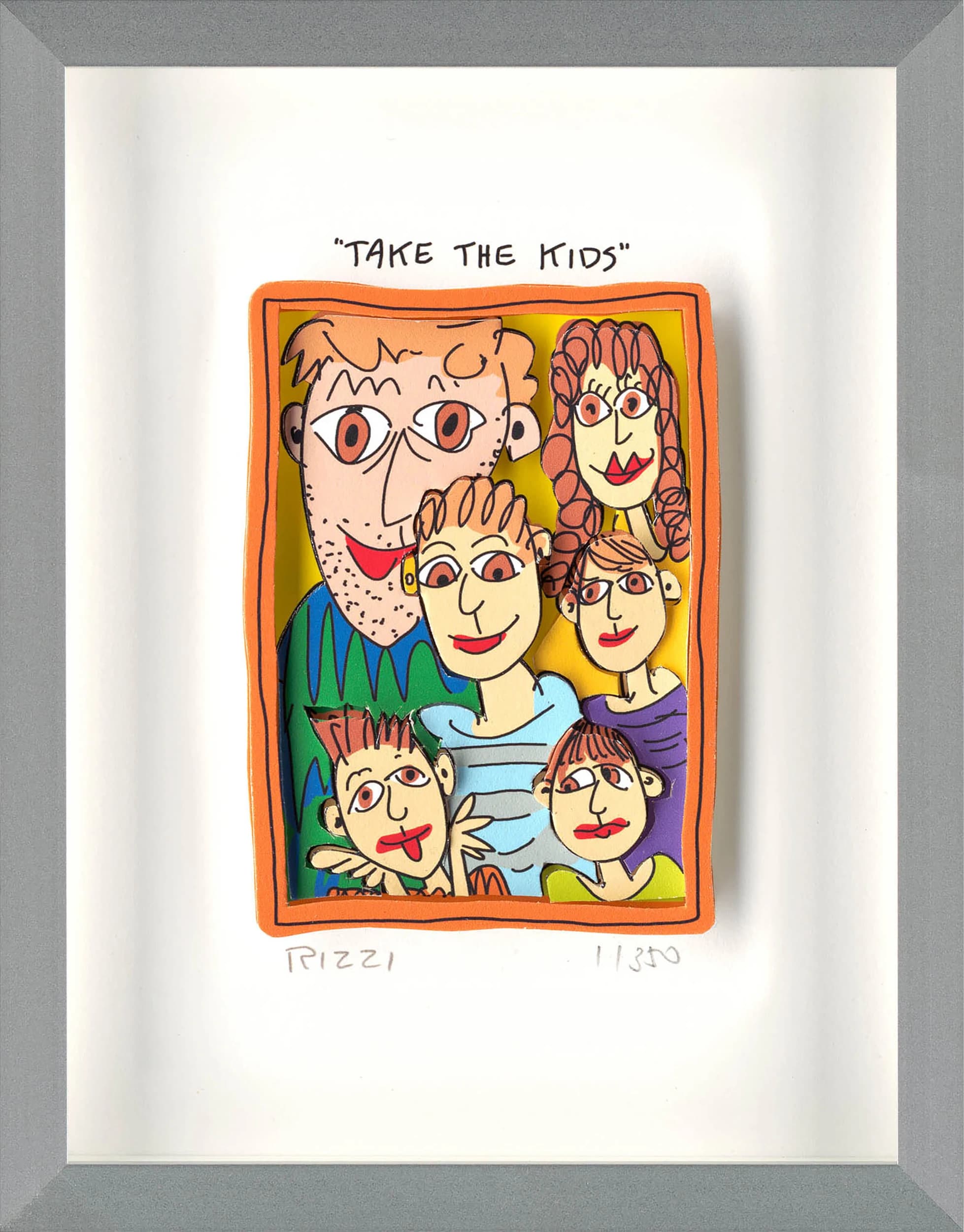 Gerahmtes Blatt mit der Aufschrift „TAKE THE KIDS“ und einem bunten Familienbild im orangefarbenen Rahmen.