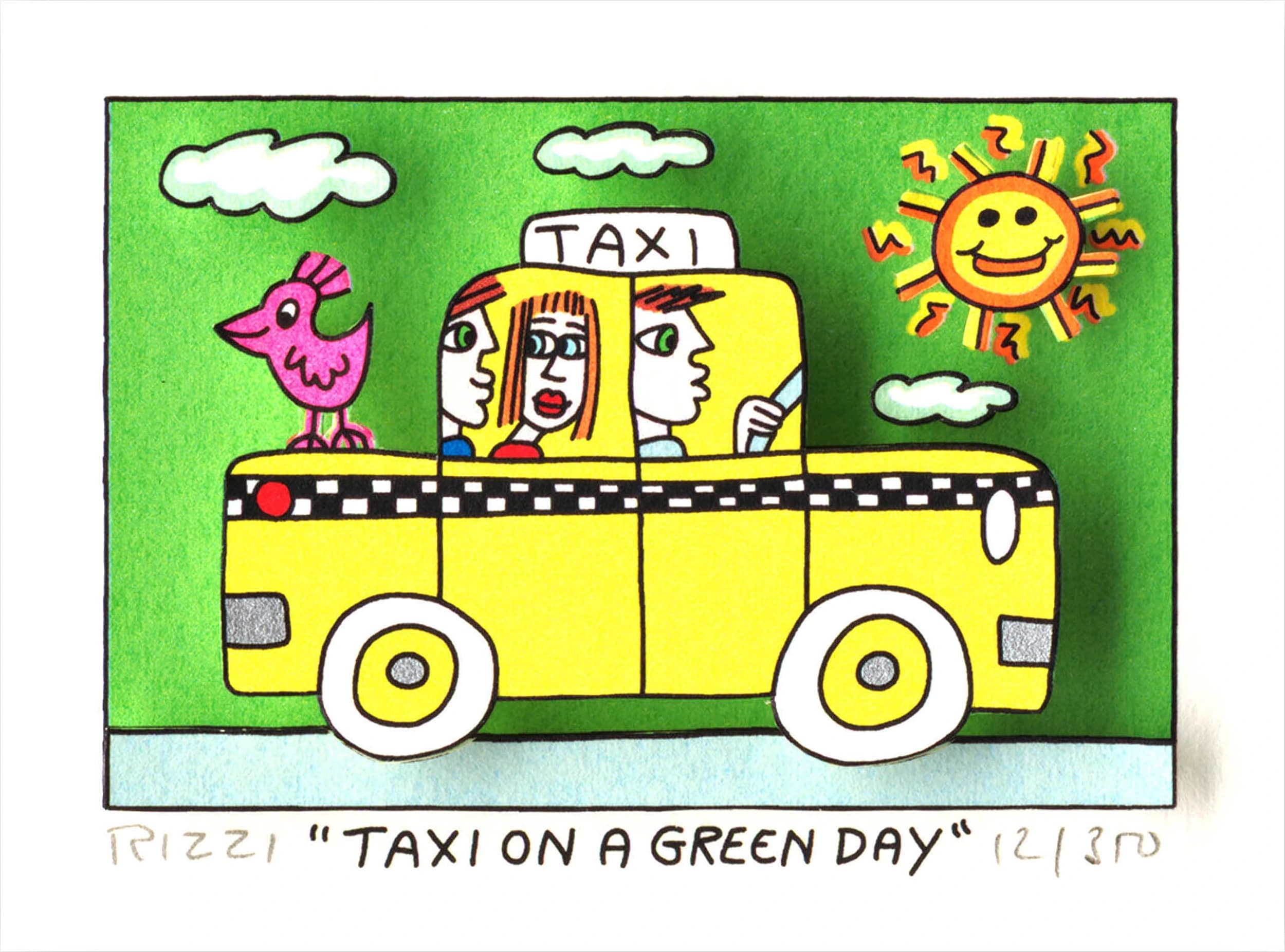 Gelbes Taxi mit drei Gesichtern, pinkem Vogel und Sonne vor grünem Himmel mit Wolken.