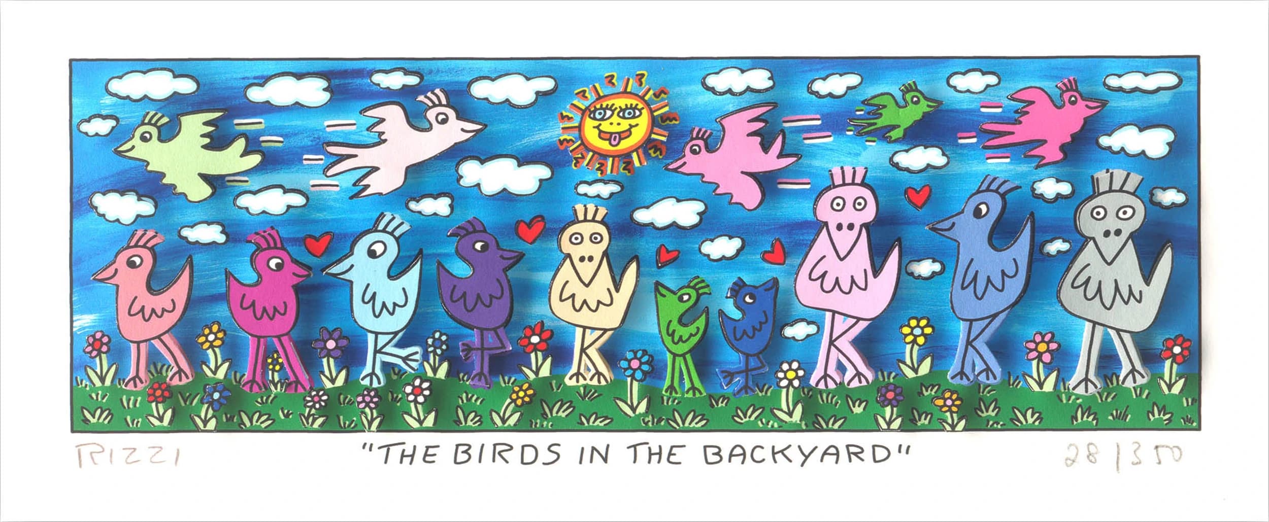 Bunte Vogelfiguren stehen auf einer Blumenwiese unter Wolken und Sonne vor blauem Himmel.