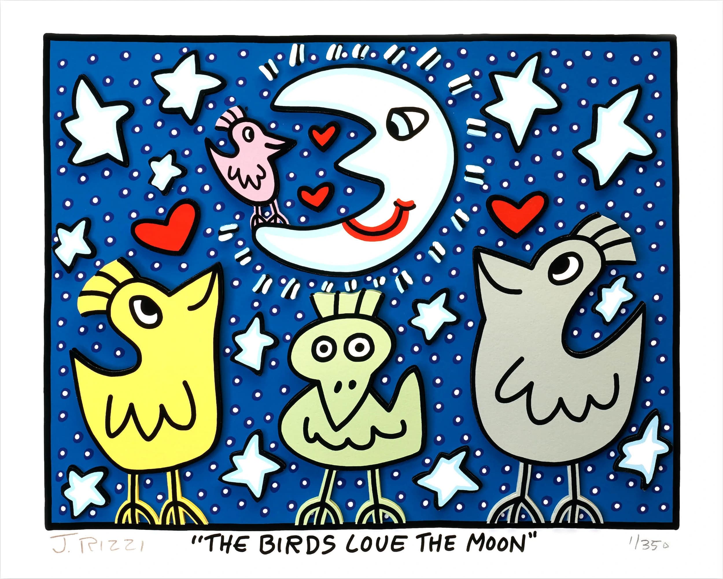 Vier bunte Vögel und eine weiße Mondsichel mit Herzen vor blauem Sternenhimmel, im weißen Rahmen.