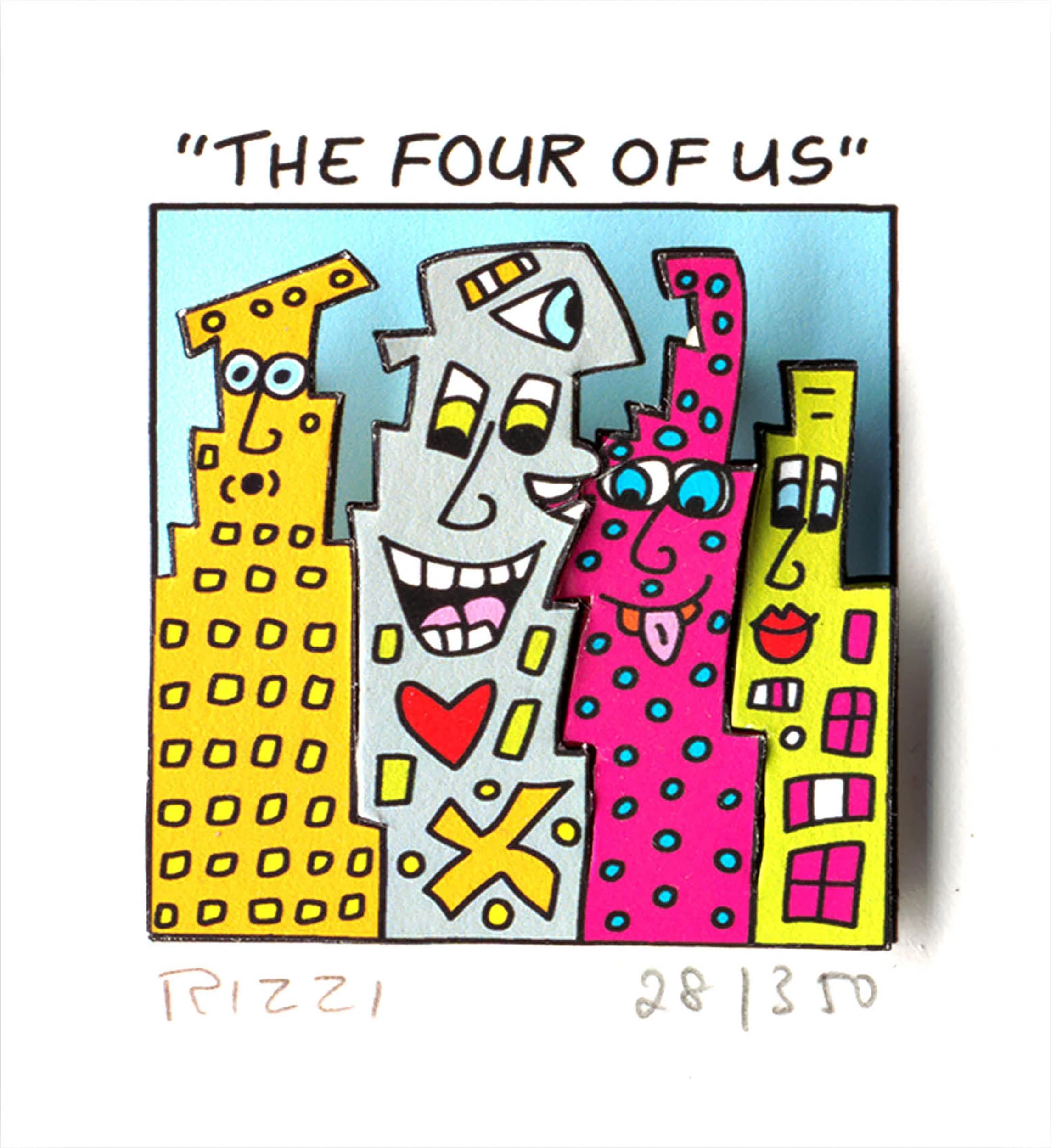 Vier bunte, lächelnde Gebäude mit Gesichtern unter dem Titel „THE FOUR OF US“ auf weißem Hintergrund.