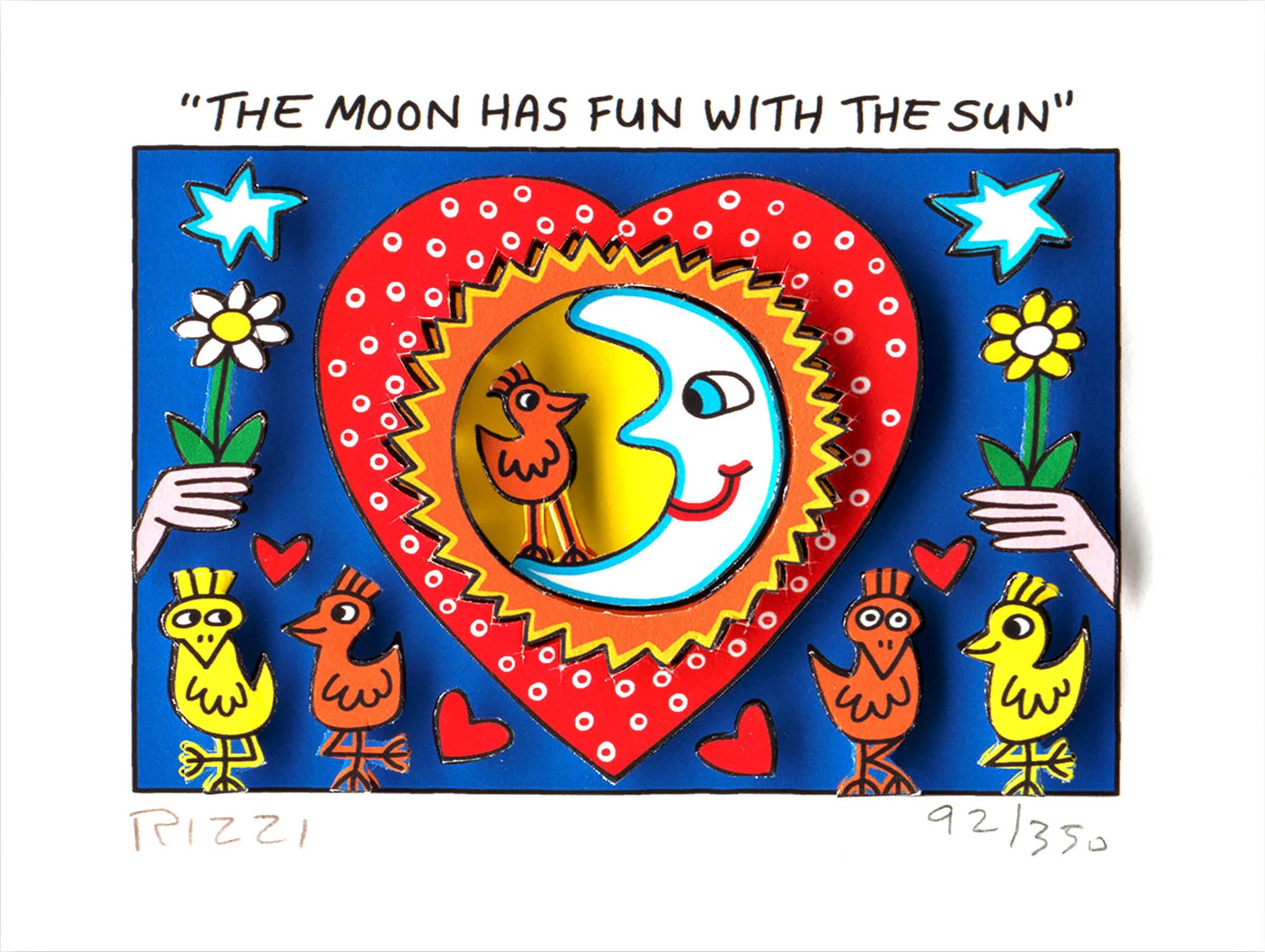Blaues Bild mit rotem Herz, Sonne und Mond, kleinen Vögeln, Blumen, Herzen und Text oben.