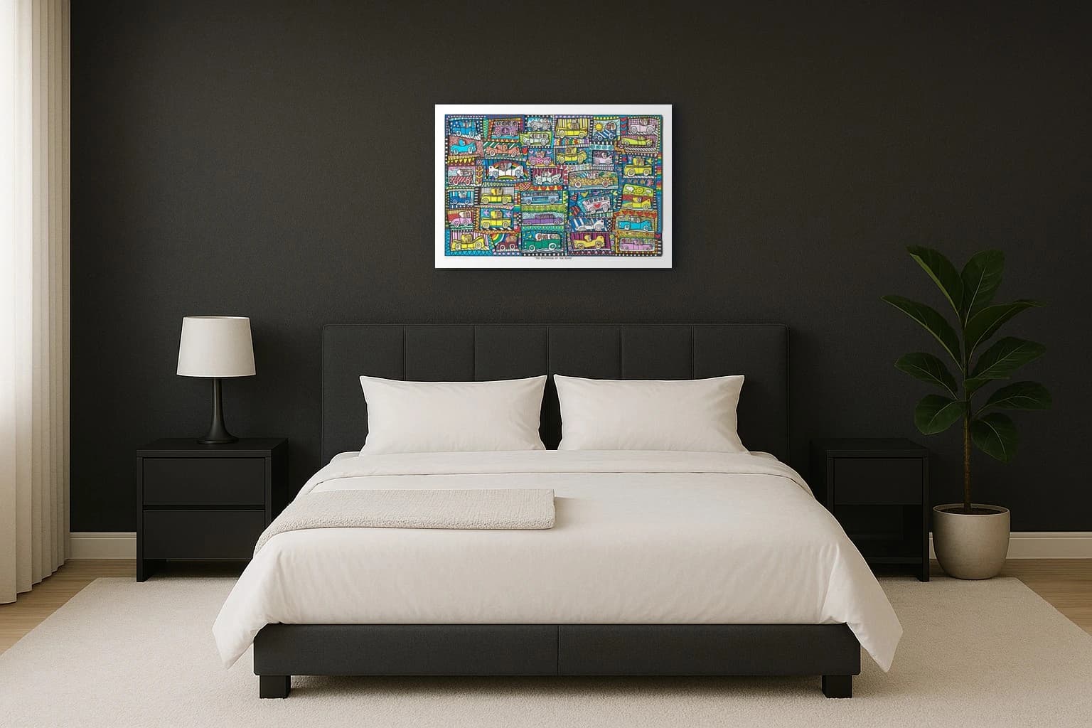 Viele bunte Cabrios und Taxis im Raster mit Herzen und Sternen, als Kunstwerk an der Wand eines hellen Schlafzimmers.