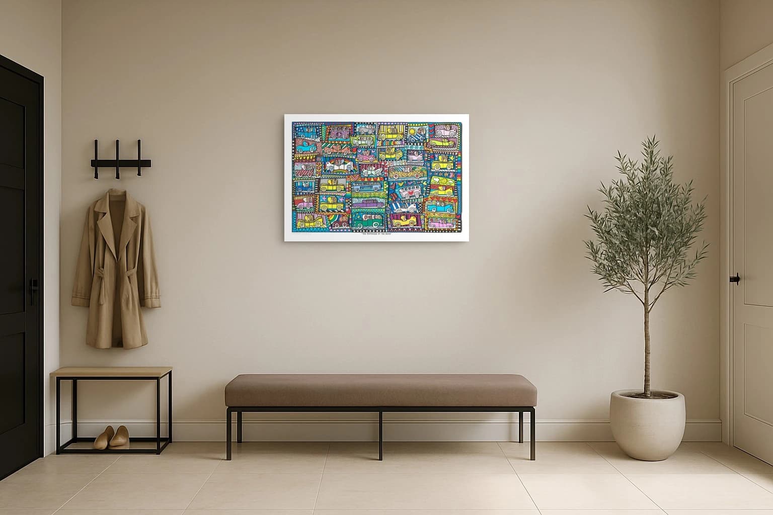 Viele bunte Cabrios und Taxis in einem Raster mit Herzen und Sternen, als Kunstwerk an der Wand eines hellen Flurs.