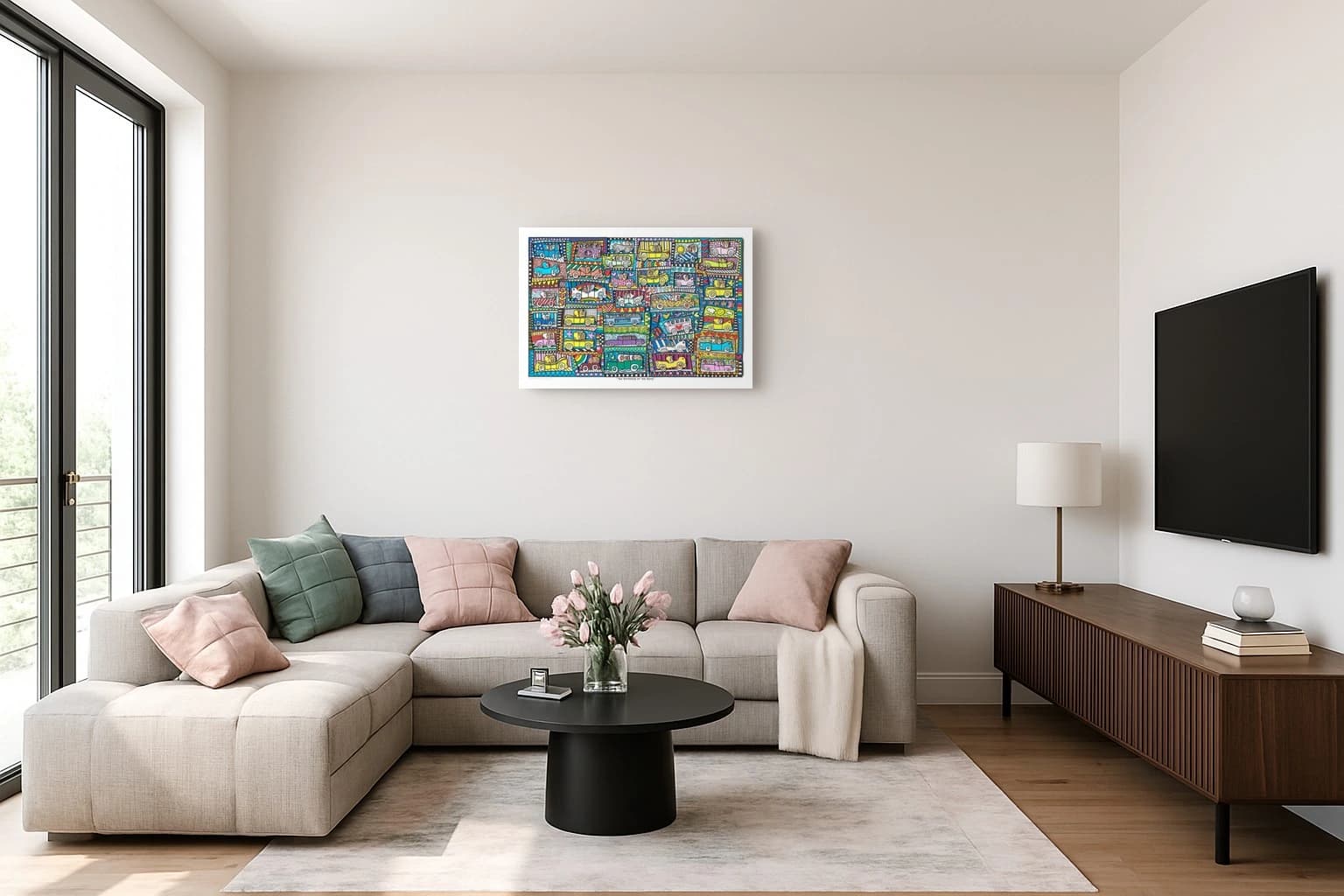 Viele bunte Cabrios und Taxis im Raster mit Herzen und Sternen, als Kunstwerk an der Wand eines hellen Wohnzimmers.