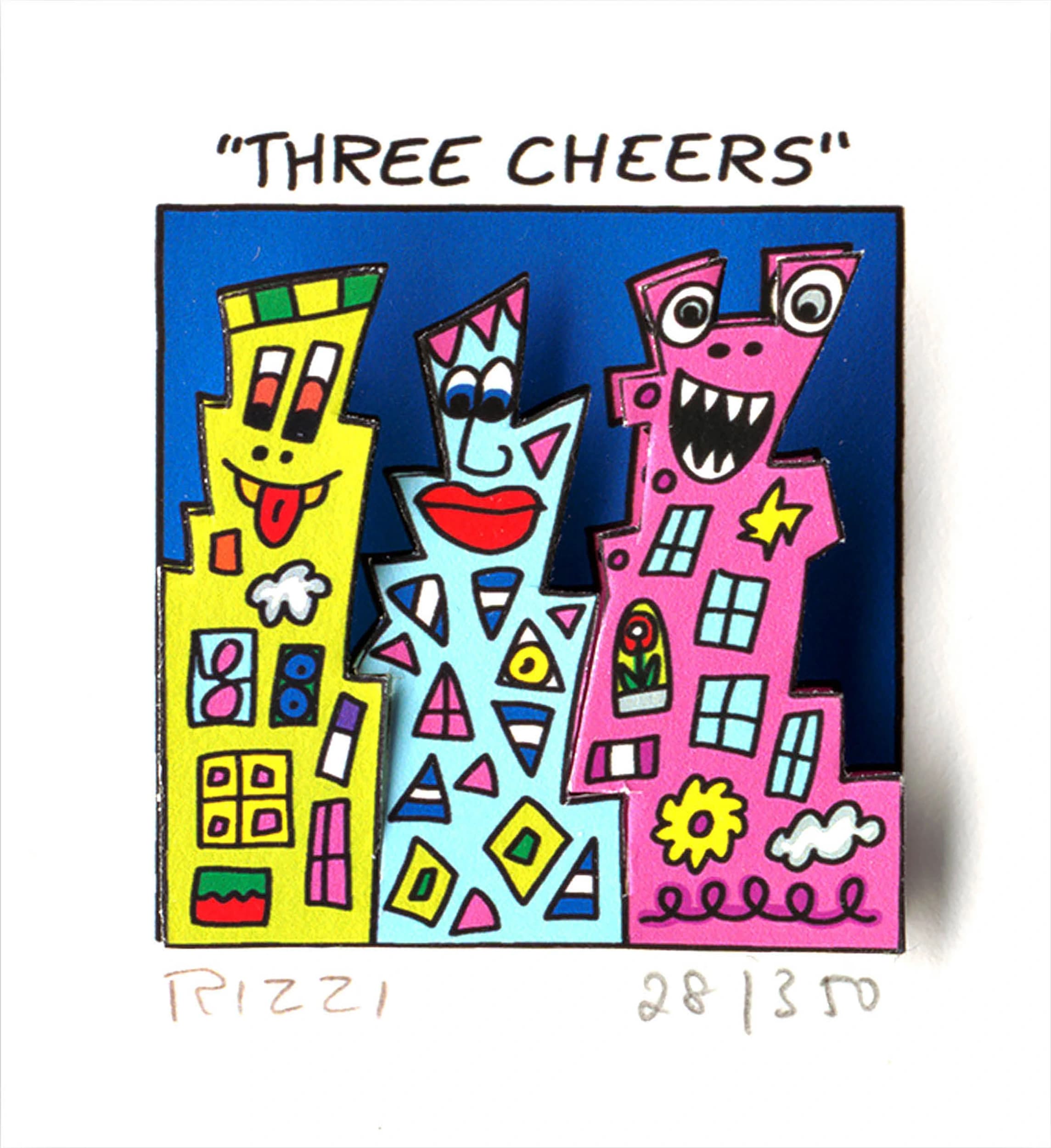 Drei bunte Häuserfiguren mit Gesichtern vor blauem Hintergrund, oben der Schriftzug „THREE CHEERS“.