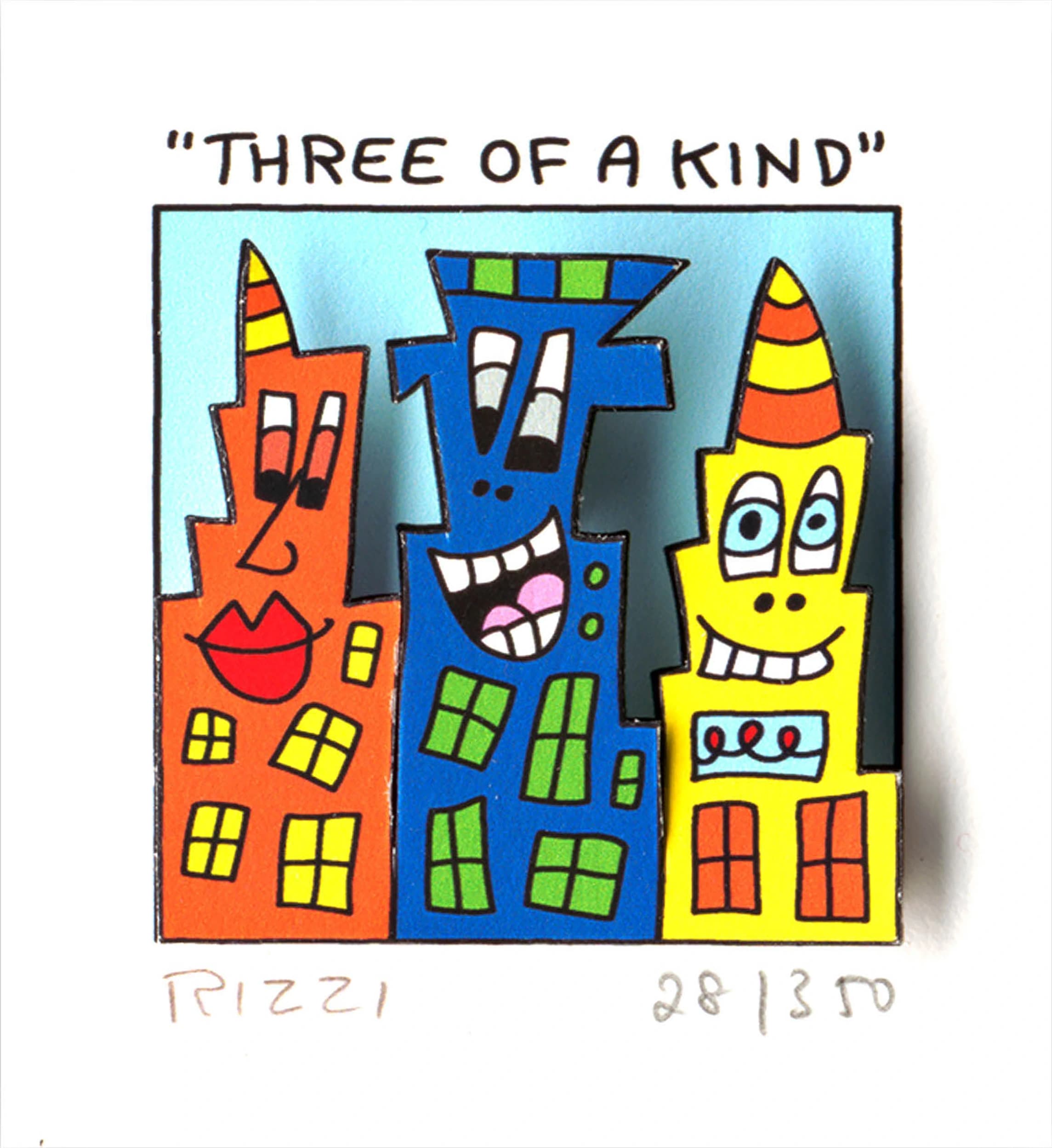 Drei bunte Häuser mit Gesichtern unter dem Titel „Three of a Kind“ auf weißem Hintergrund.